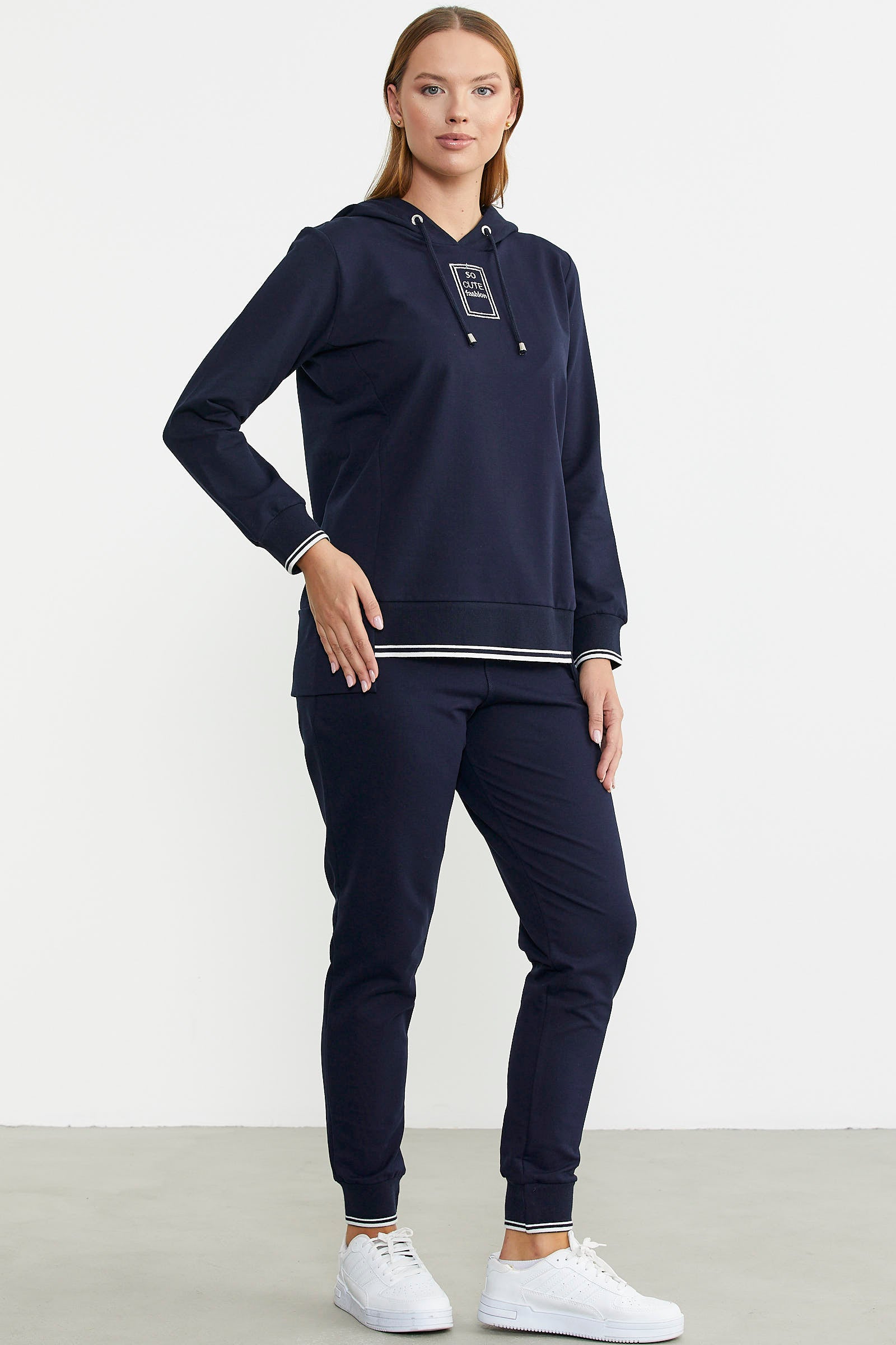 Kapüşonlu Etek Ucu Örme Detaylı Eşofman Takım - Lacivert - Sementa