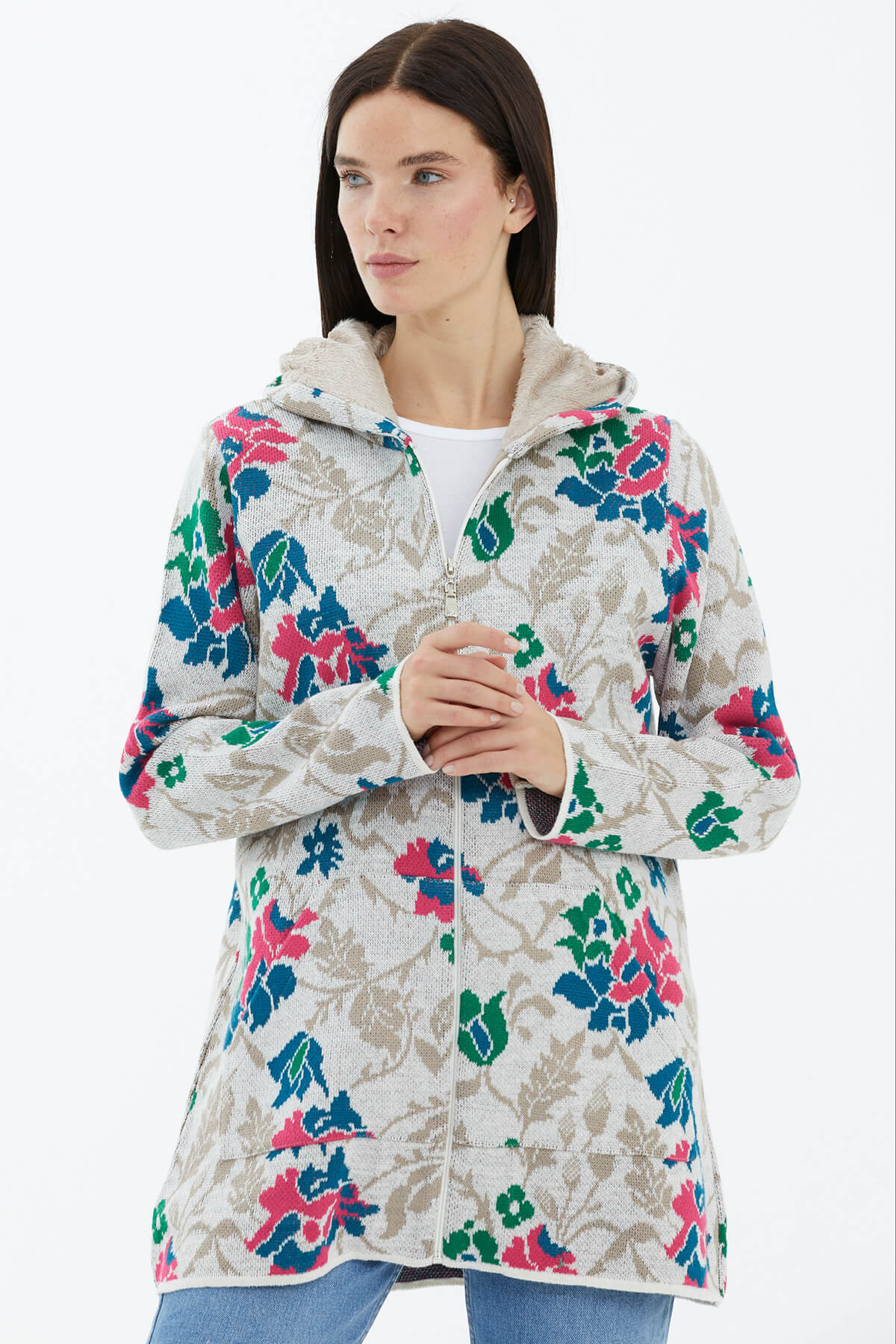 Kapüşonlu Fermuarlı İçi Yumoş Astarlı Triko Ceket - Beyaz (3) Sementa