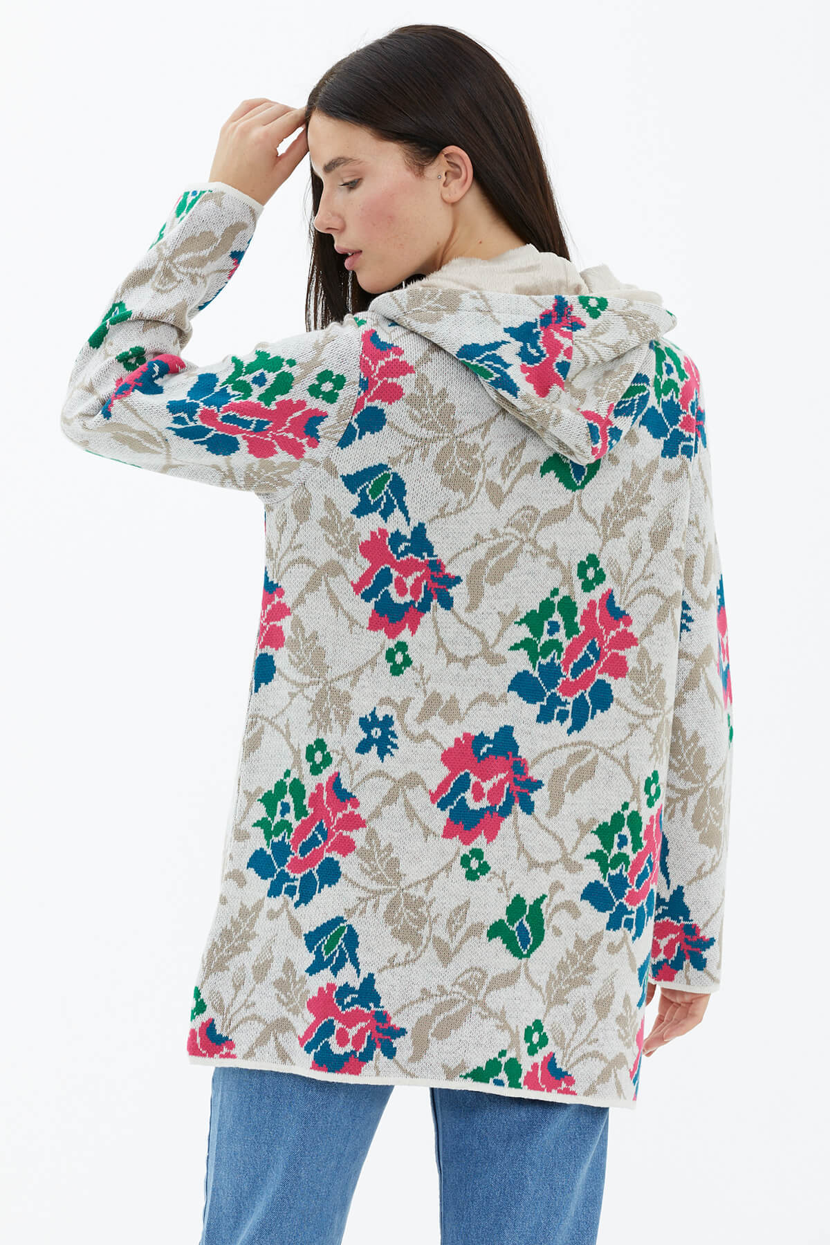 Kapüşonlu Fermuarlı İçi Yumoş Astarlı Triko Ceket - Beyaz (4) Sementa