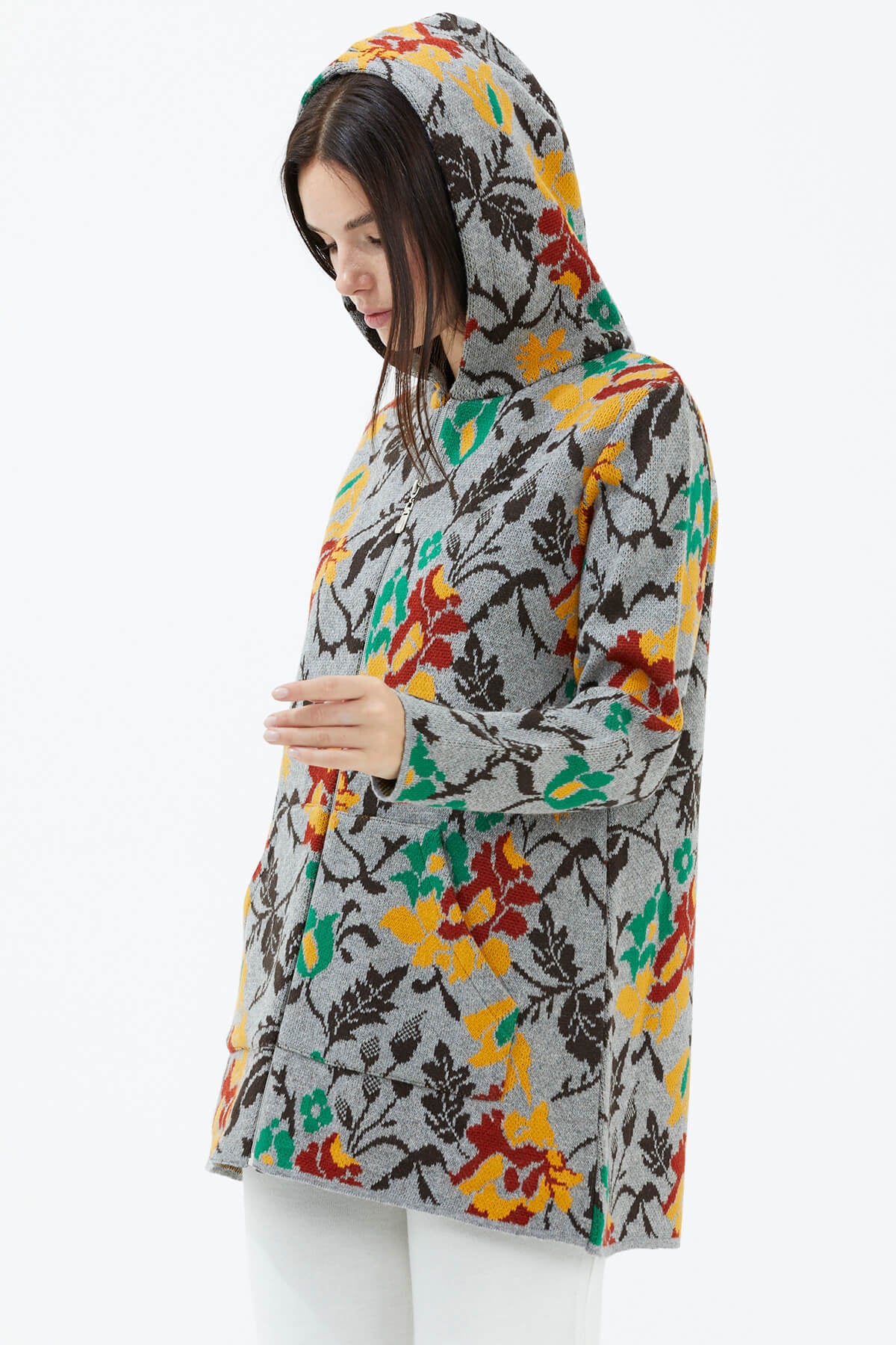 Kapüşonlu Fermuarlı İçi Yumoş Astarlı Triko Ceket - Gri (3) Sementa