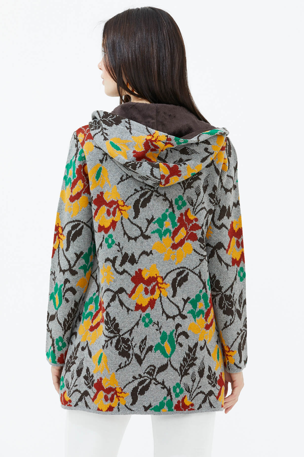 Kapüşonlu Fermuarlı İçi Yumoş Astarlı Triko Ceket - Gri (4) Sementa