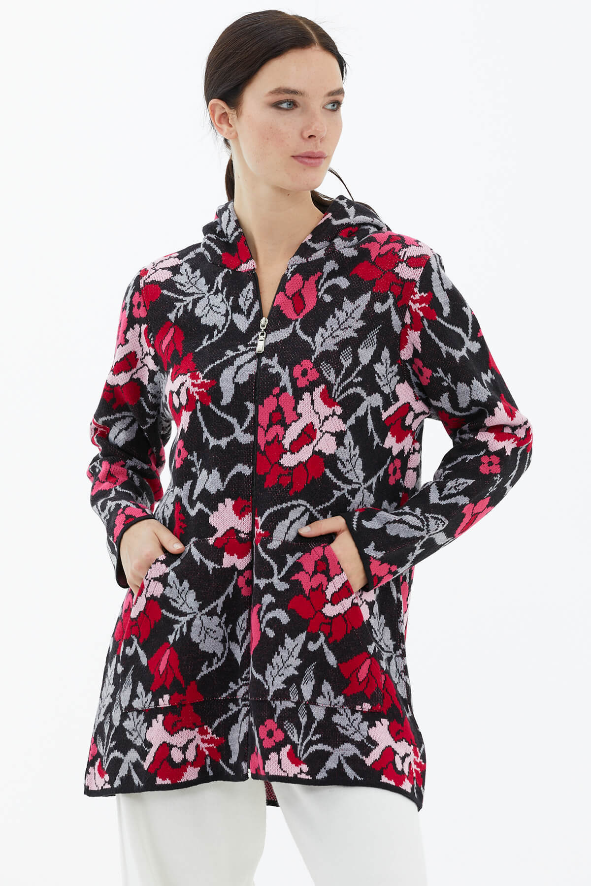 Kapüşonlu Fermuarlı İçi Yumoş Astarlı Triko Ceket - Siyah (3) Sementa