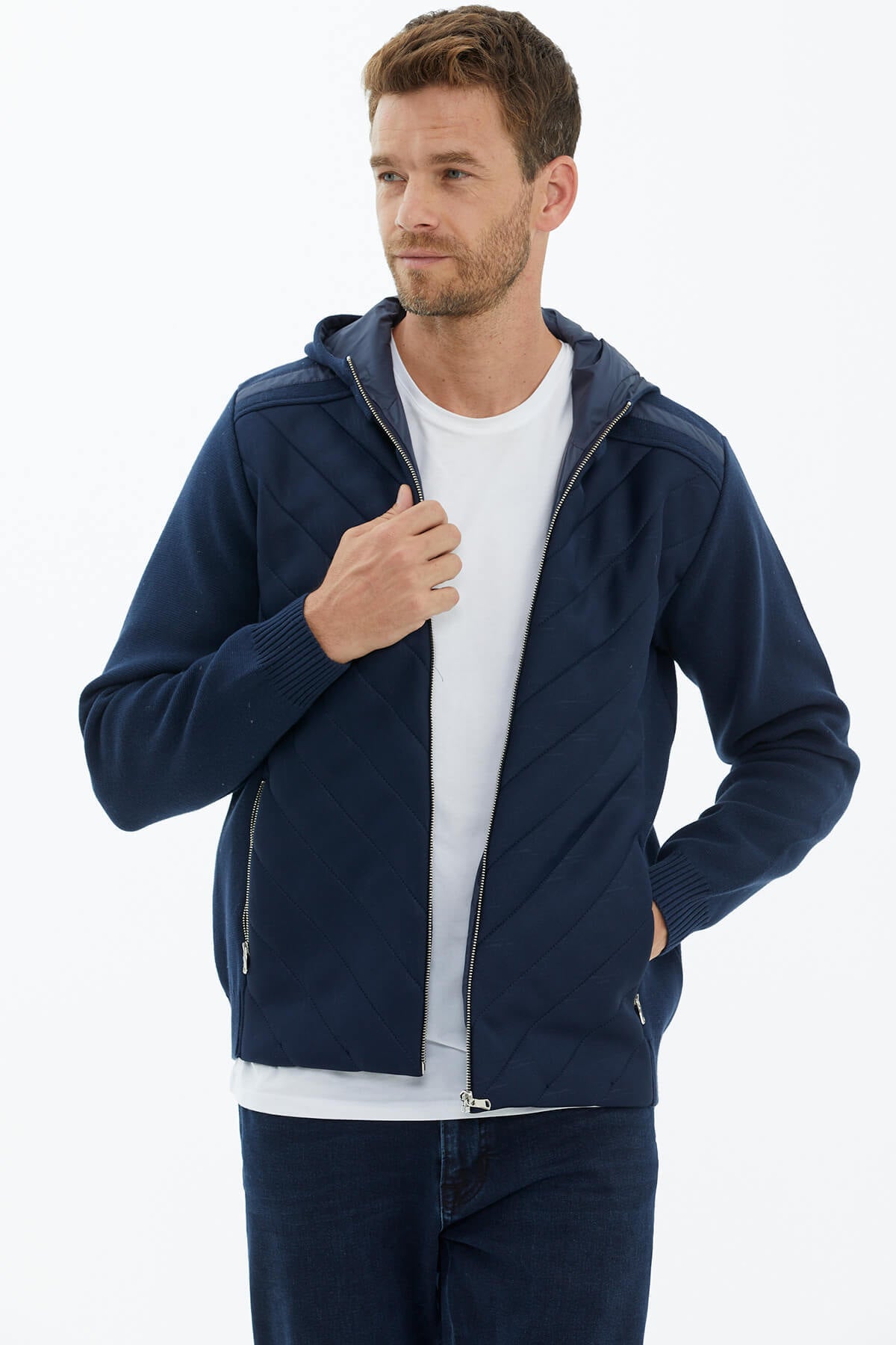 Kapüşonlu Fermuarlı Kapitone Triko Mont - Lacivert (4) Sementa