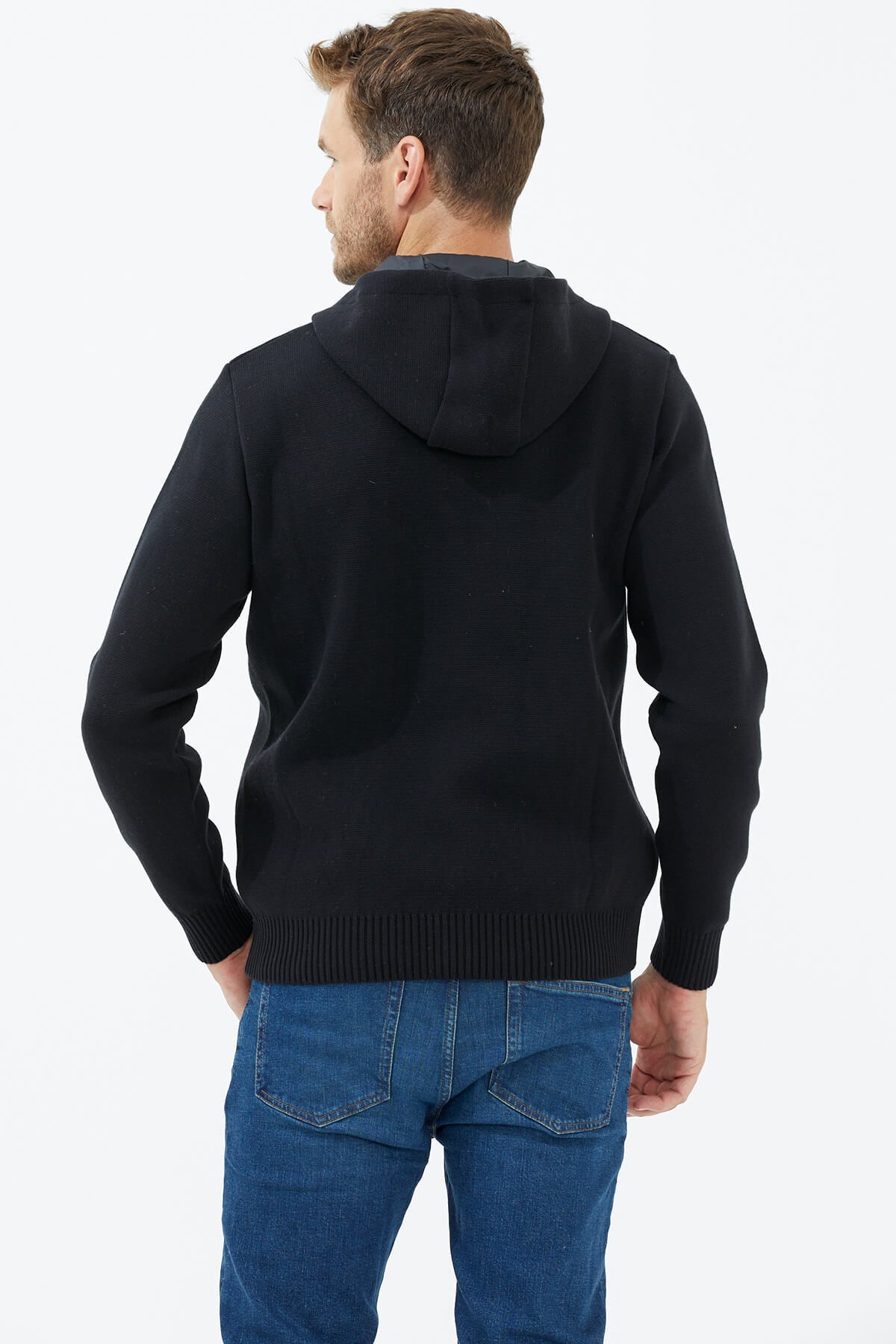 Kapüşonlu Fermuarlı Kapitone Triko Mont - Siyah (4) Sementa