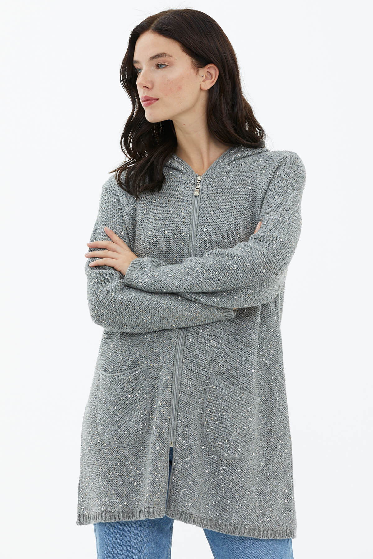 Kapüşonlu Fermuarlı Pullu Triko Hırka - Gri (3) Sementa