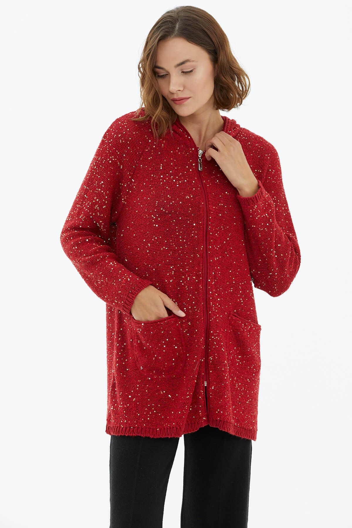 Kapüşonlu Fermuarlı Pullu Triko Hırka - Kırmızı (3) Sementa