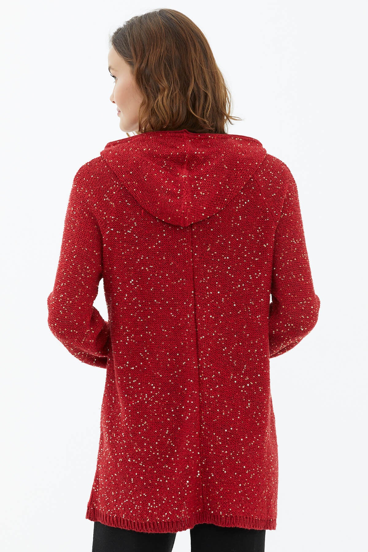 Kapüşonlu Fermuarlı Pullu Triko Hırka - Kırmızı (4) Sementa