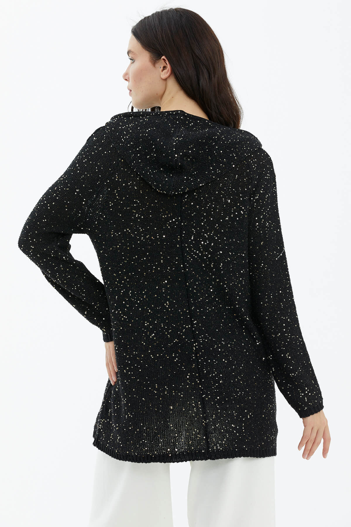 Kapüşonlu Fermuarlı Pullu Triko Hırka - Siyah (4) Sementa