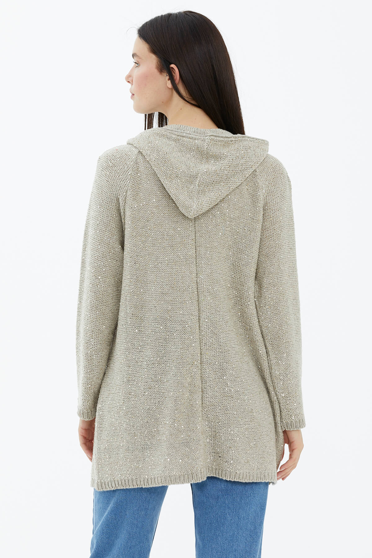 Kapüşonlu Fermuarlı Pullu Triko Hırka - Vizon (4) Sementa