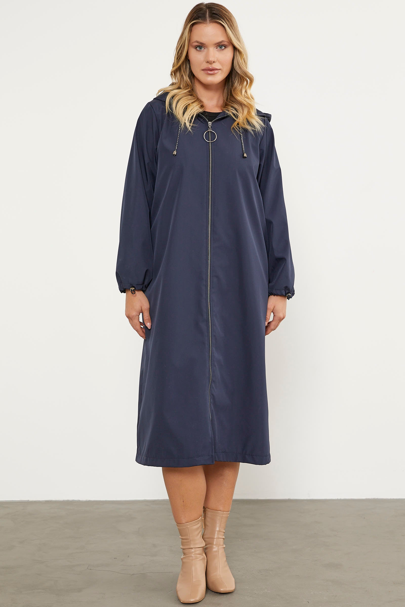 Kapüşonlu Fermuarlı Uzun Trençkot - Lacivert (2) Sementa