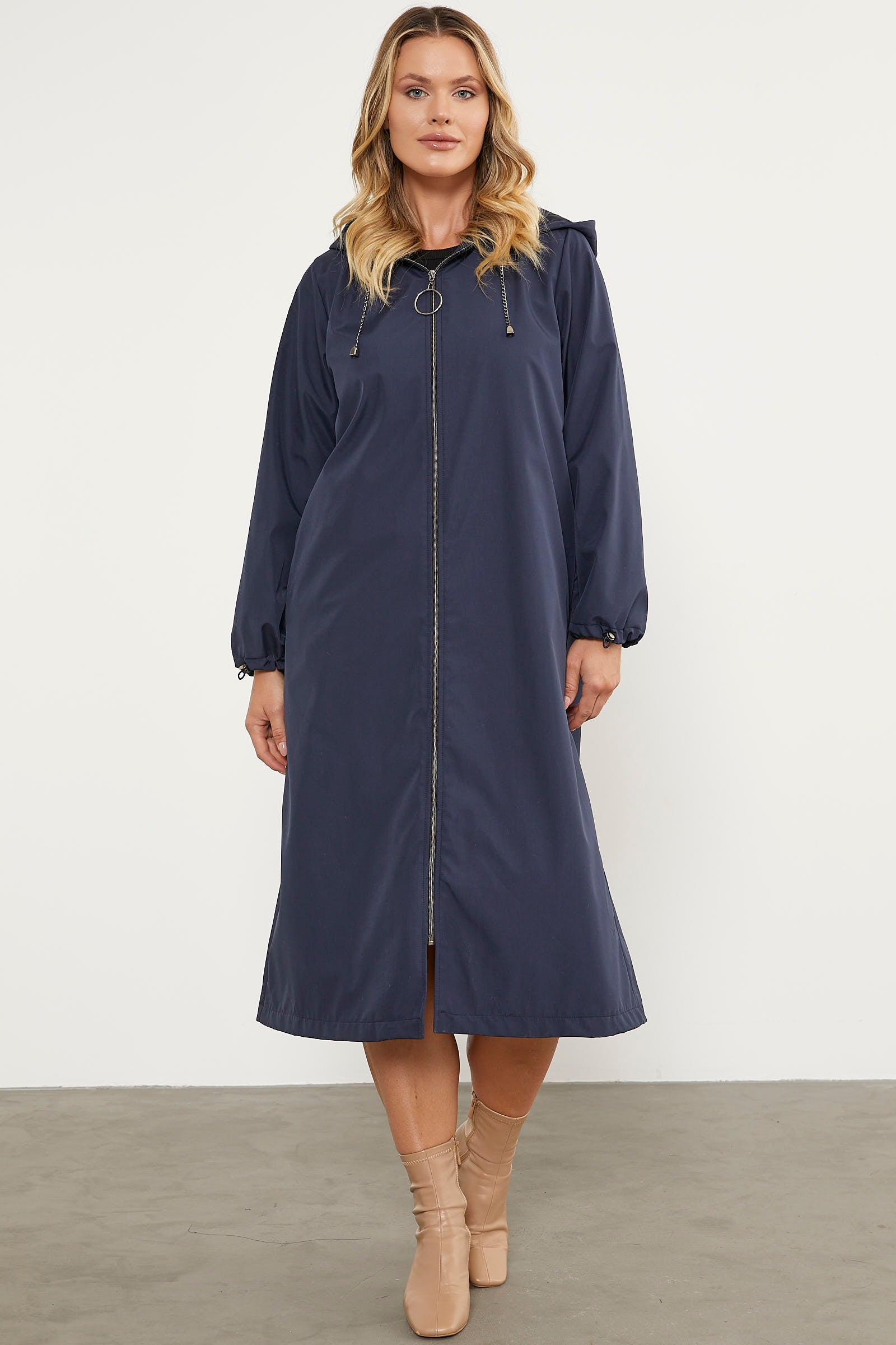 Kapüşonlu Fermuarlı Uzun Trençkot - Lacivert (1) Sementa