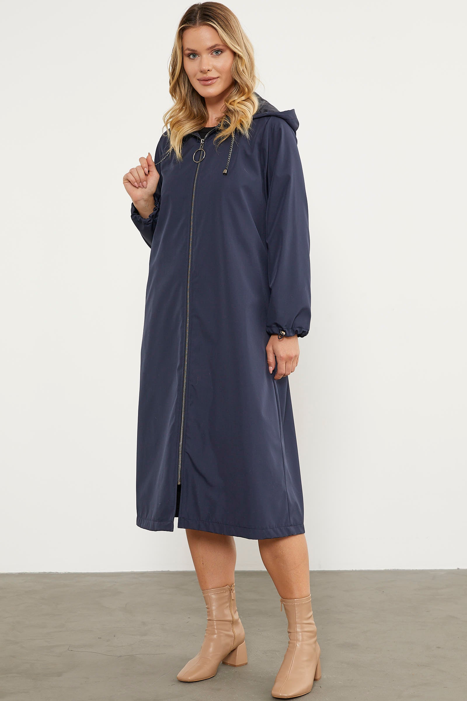 Kapüşonlu Fermuarlı Uzun Trençkot - Lacivert (4) Sementa