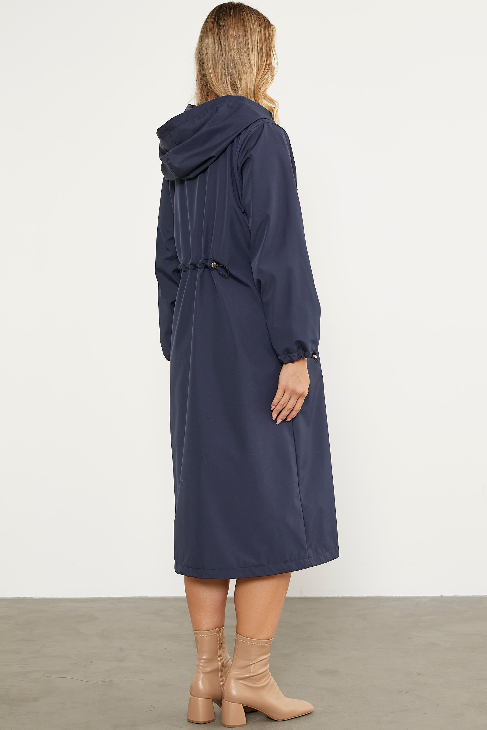 Kapüşonlu Fermuarlı Uzun Trençkot - Lacivert (5) Sementa