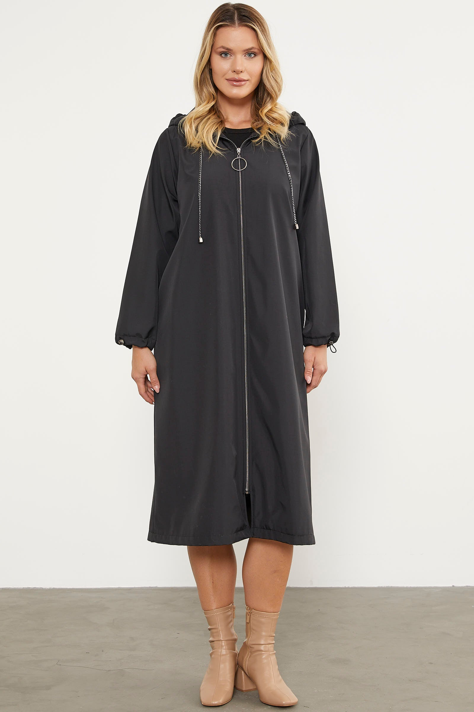 Kapüşonlu Fermuarlı Uzun Trençkot - Siyah (1) Sementa