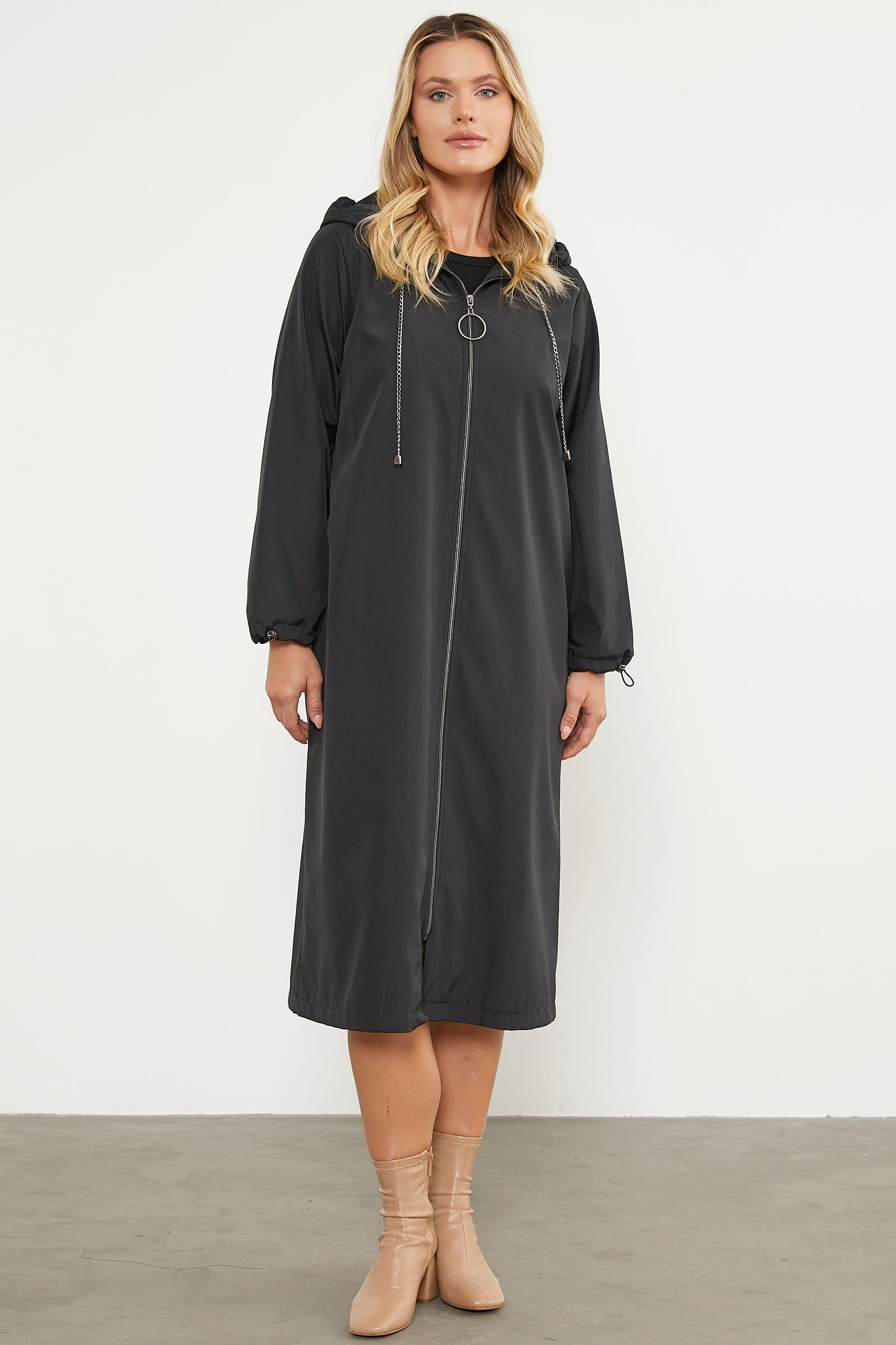 Kapüşonlu Fermuarlı Uzun Trençkot - Siyah (2) Sementa