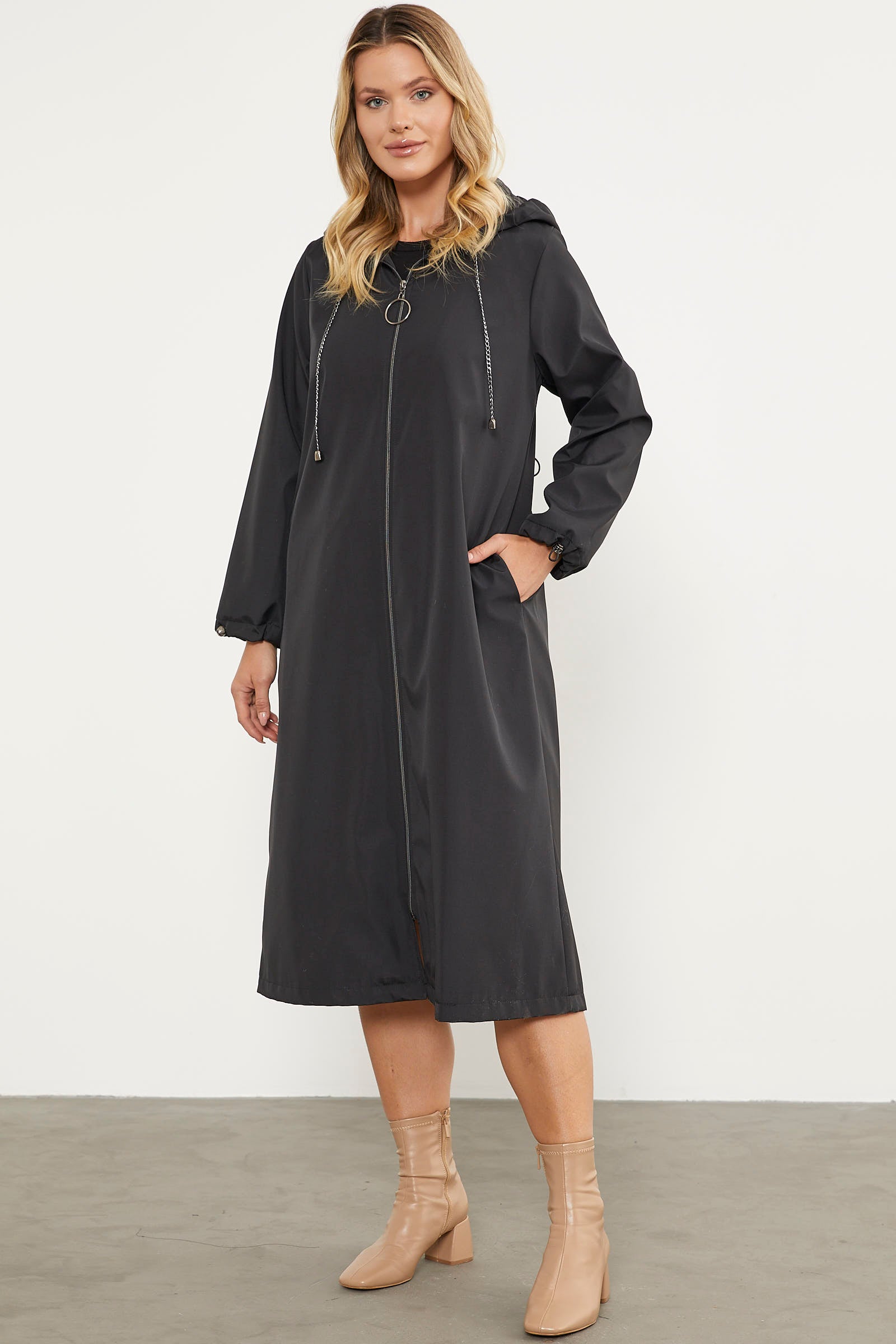 Kapüşonlu Fermuarlı Uzun Trençkot - Siyah (3) Sementa