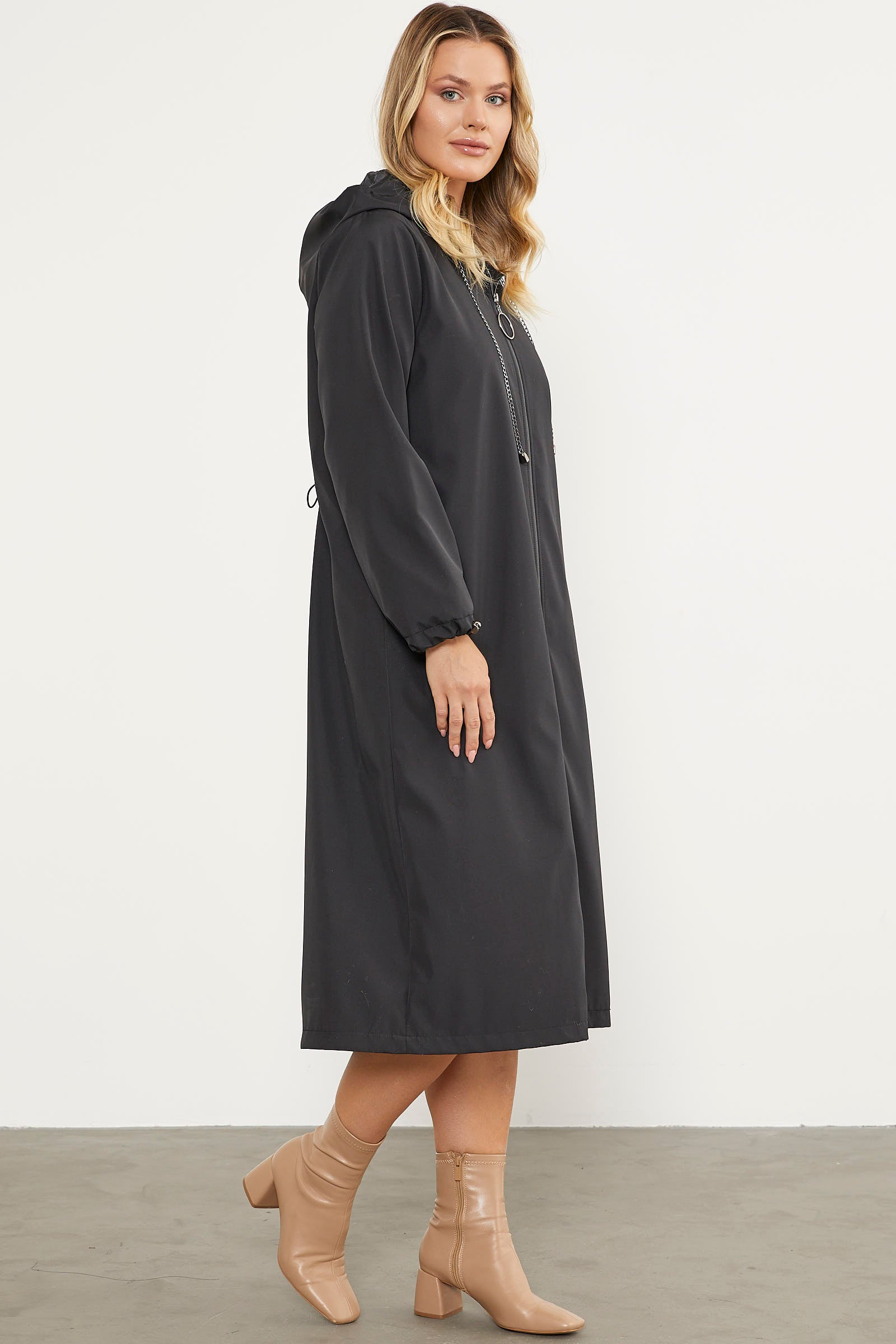 Kapüşonlu Fermuarlı Uzun Trençkot - Siyah (4) Sementa