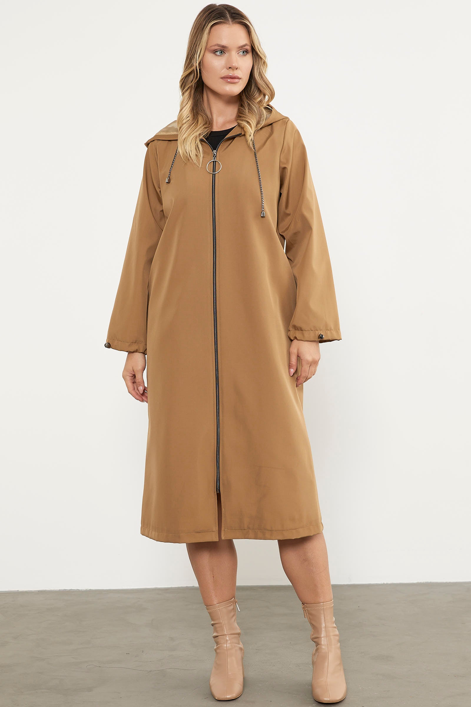 Kapüşonlu Fermuarlı Uzun Trençkot - Vizon (2) Sementa