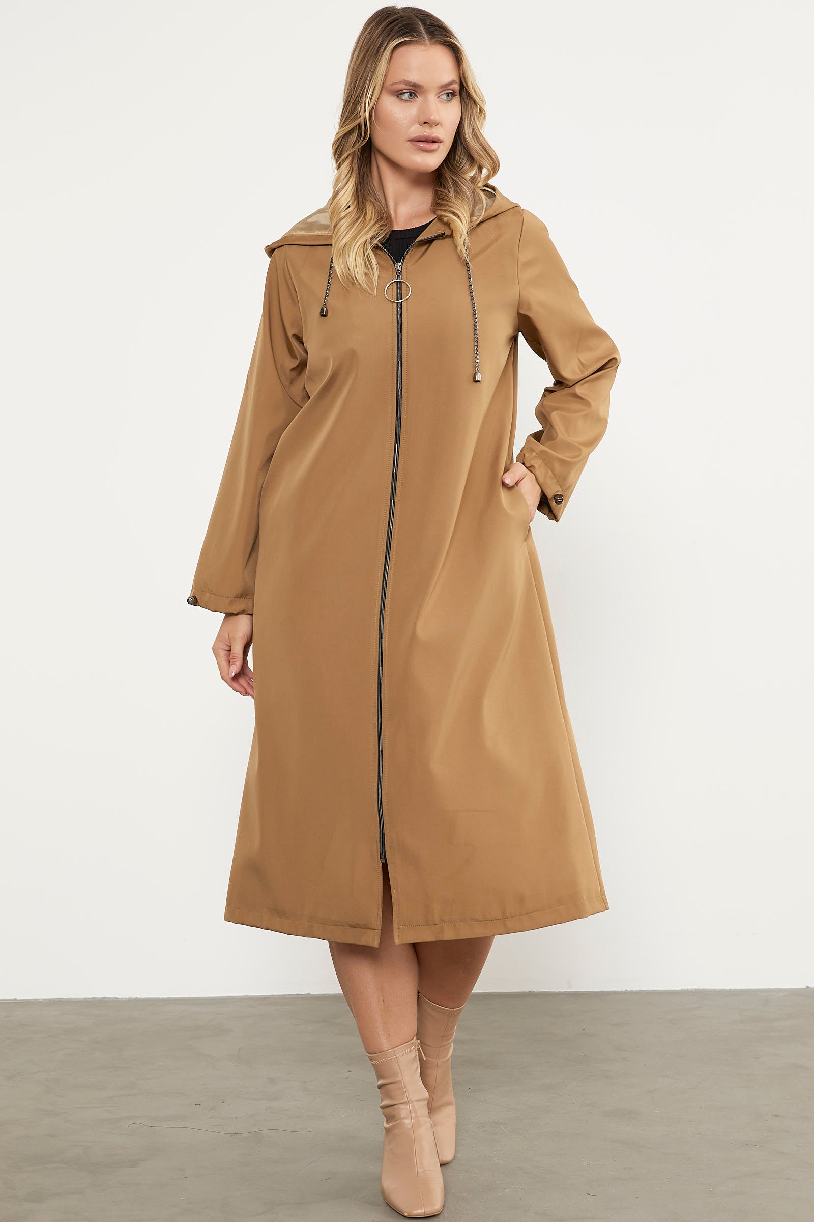 Kapüşonlu Fermuarlı Uzun Trençkot - Vizon (3) Sementa