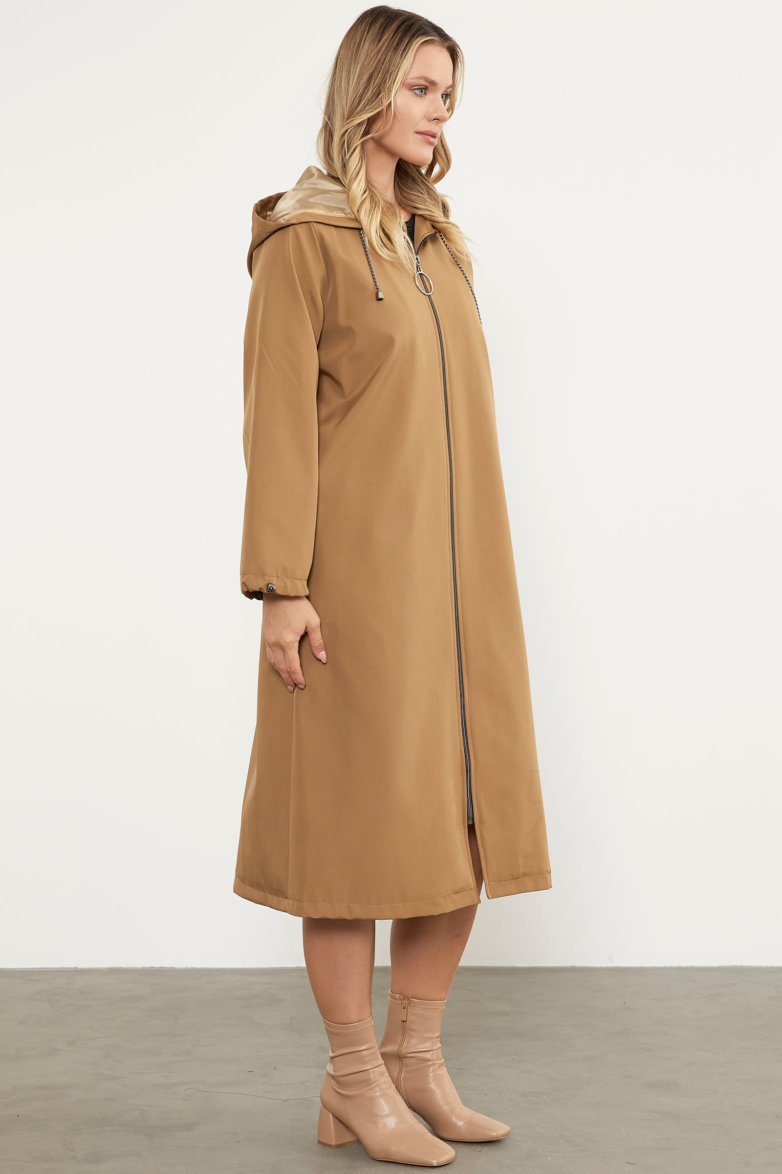 Kapüşonlu Fermuarlı Uzun Trençkot - Vizon (4) Sementa