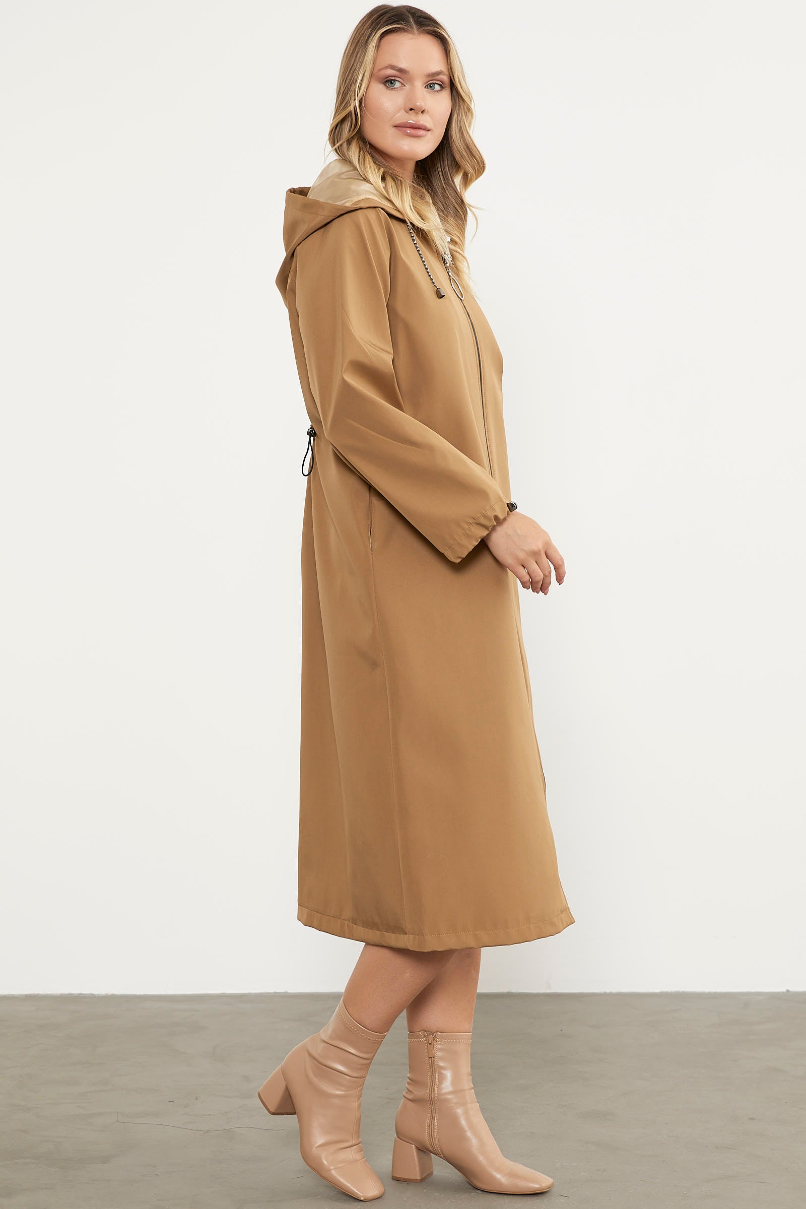 Kapüşonlu Fermuarlı Uzun Trençkot - Vizon (5) Sementa