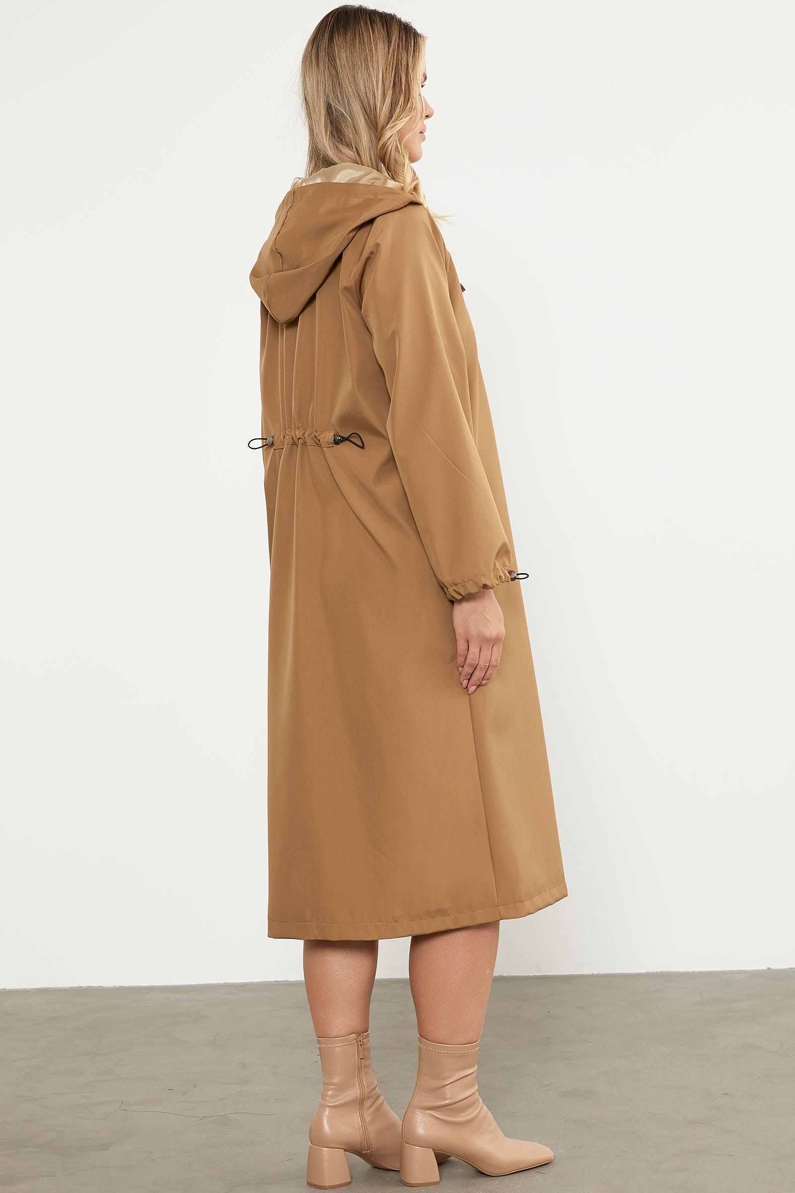 Kapüşonlu Fermuarlı Uzun Trençkot - Vizon (6) Sementa