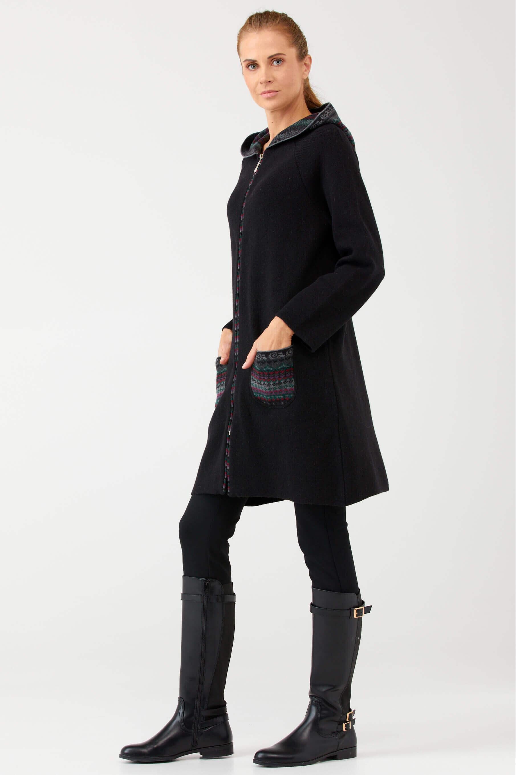 Kadın Kapüşonlu Fermuarlı Triko Ceket - Siyah (3) Sementa