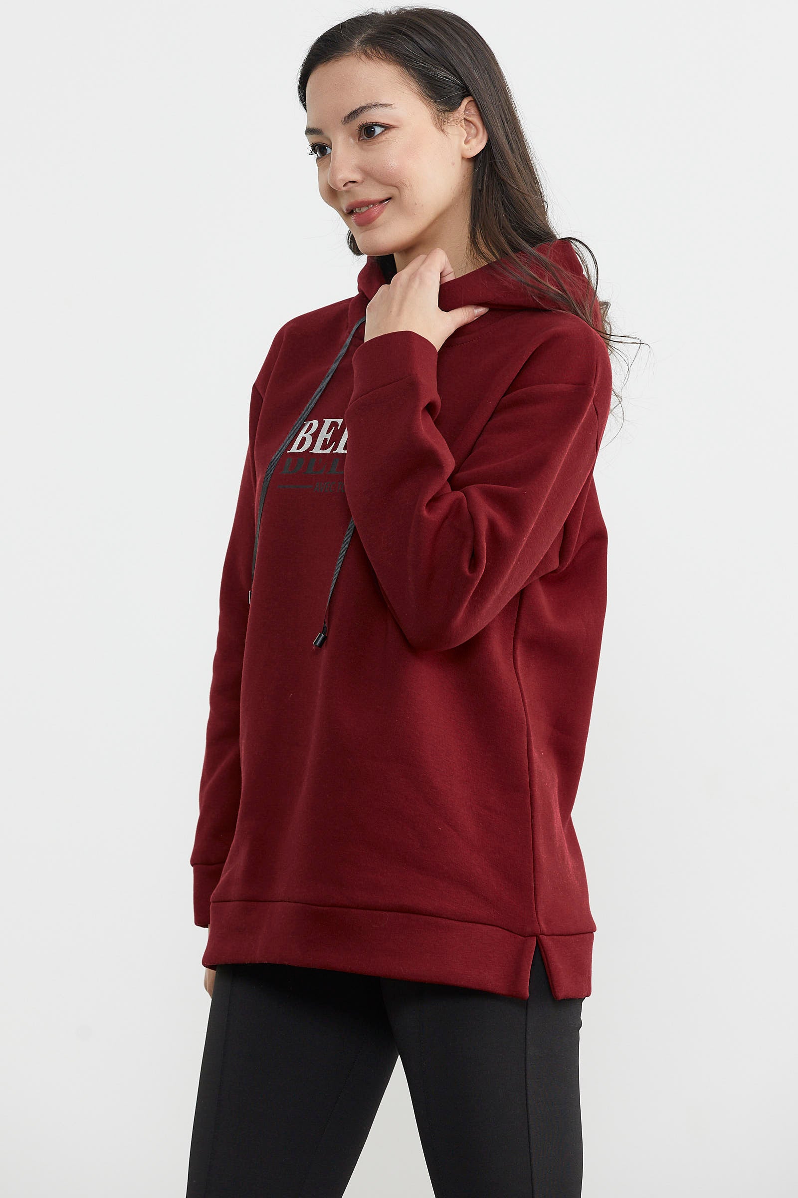Kapüşonlu İçi Pamuklu Kalın Sweatshirt - Bordo (4) Sementa
