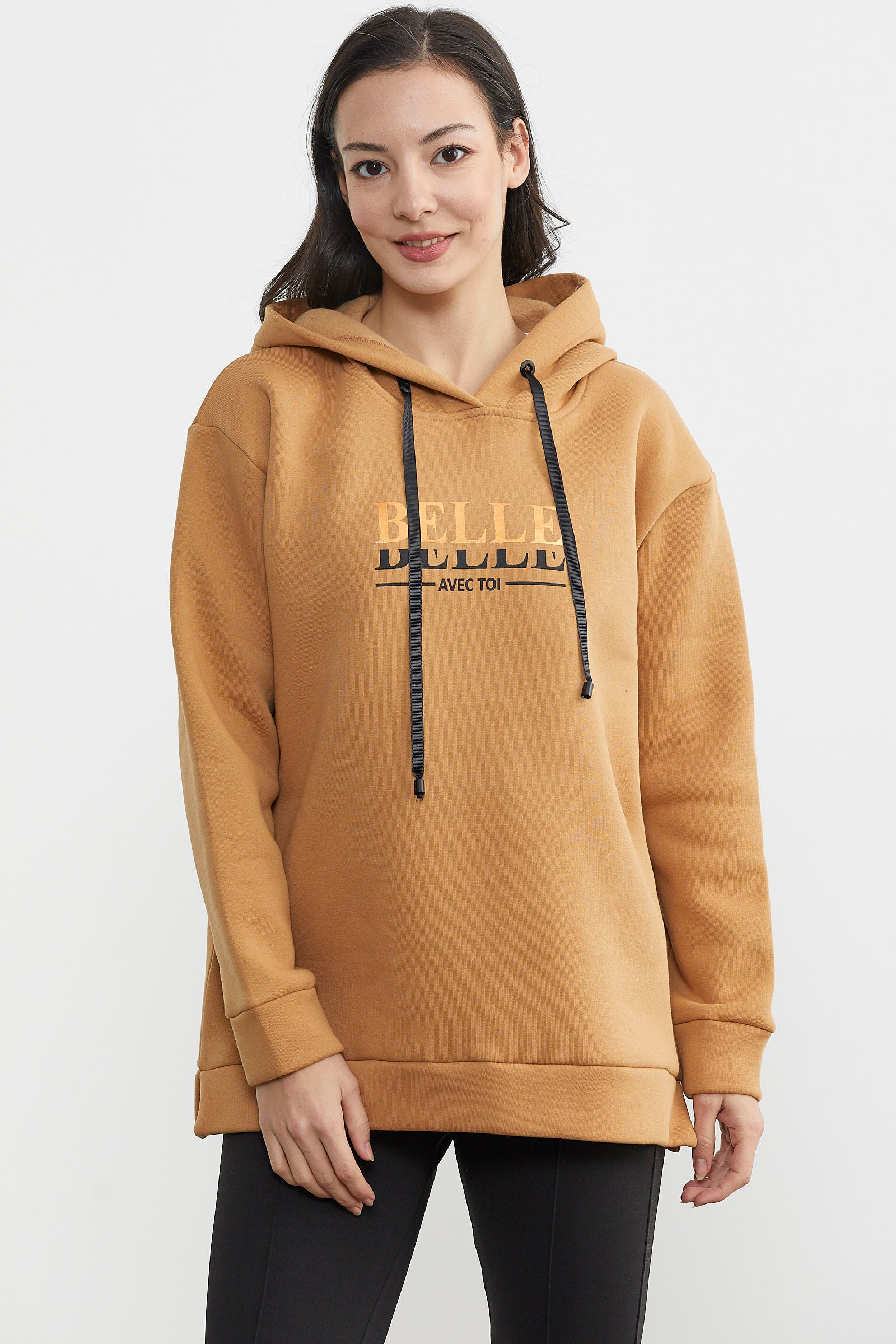 Kapüşonlu İçi Pamuklu Kalın Sweatshirt - Kamel (2) Sementa