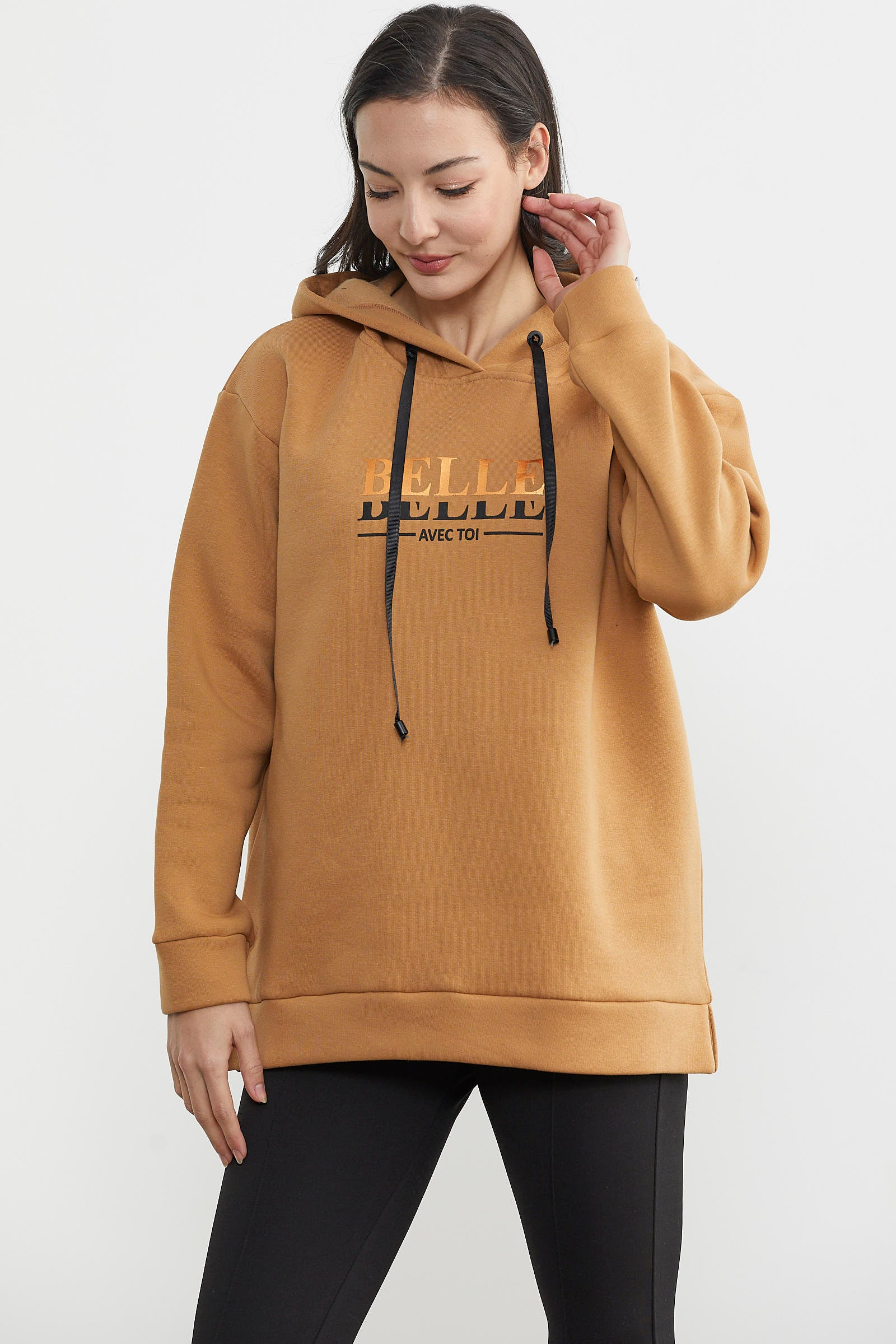 Kapüşonlu İçi Pamuklu Kalın Sweatshirt - Kamel (3) Sementa