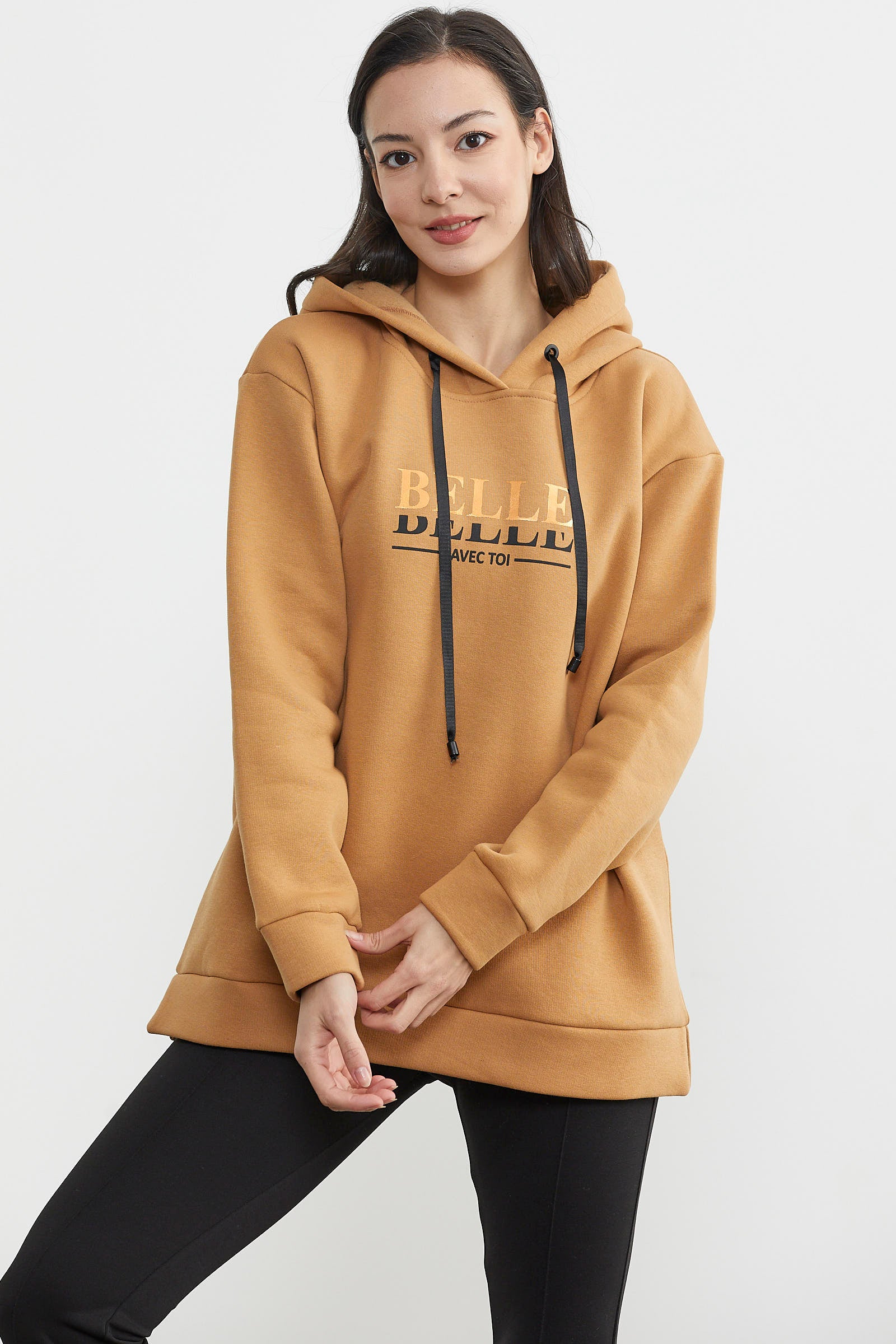 Kapüşonlu İçi Pamuklu Kalın Sweatshirt - Kamel (4) Sementa