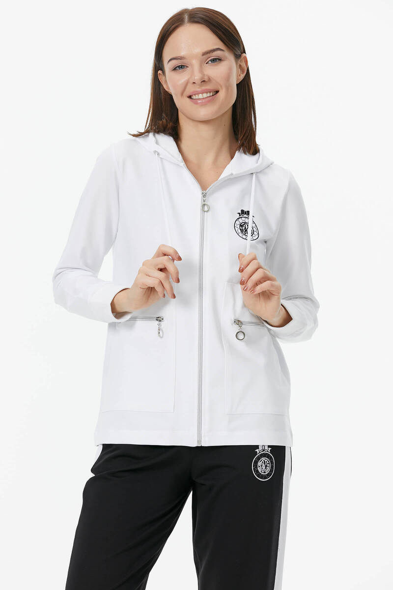 Kapüşonlu Metal Fermuar Detaylı Eşofman Takım - Beyaz (6) Sementa