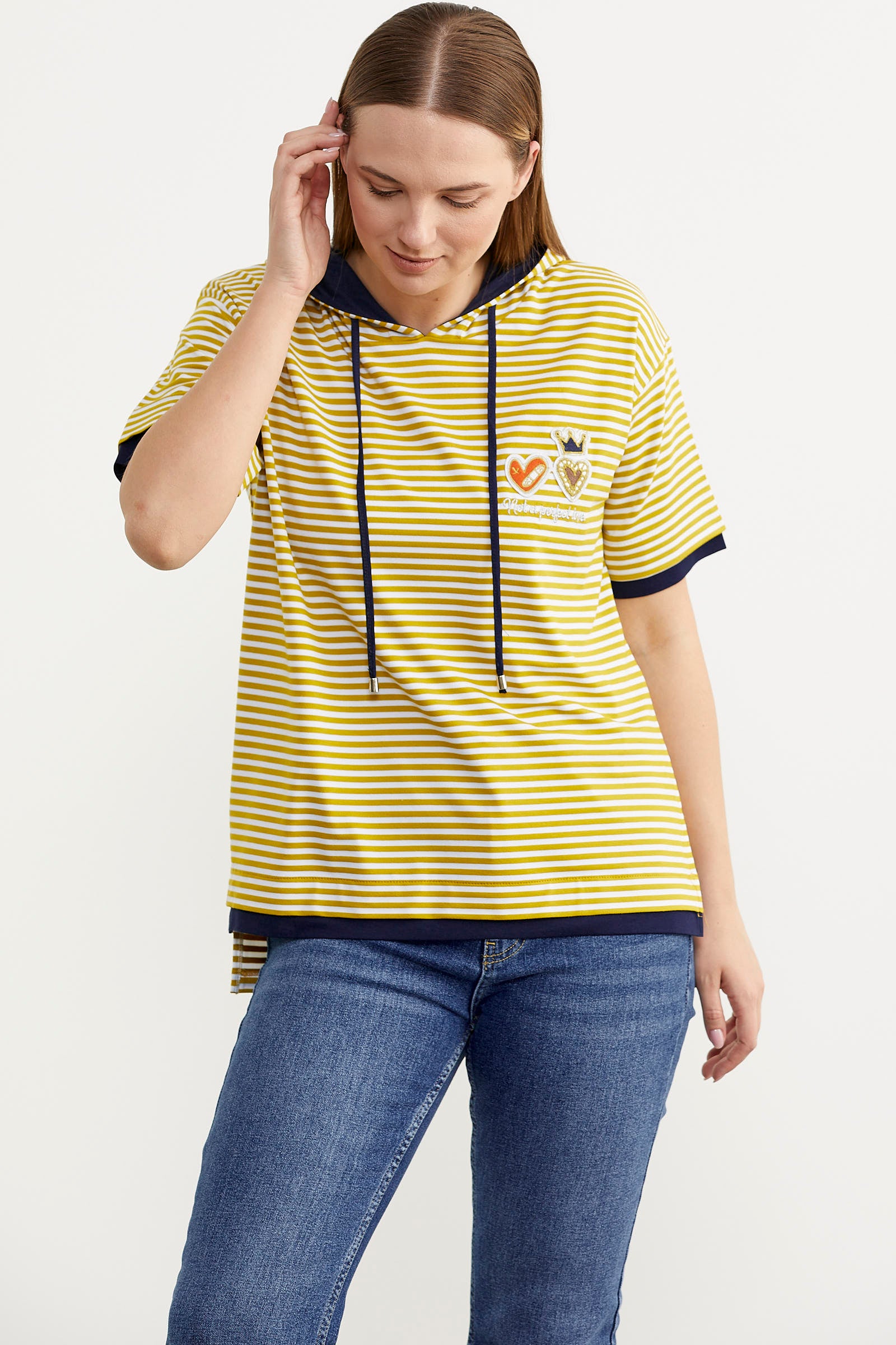 Kapüşonlu Renk Kombinli Çizgili Tişört - Hardal (3) Sementa