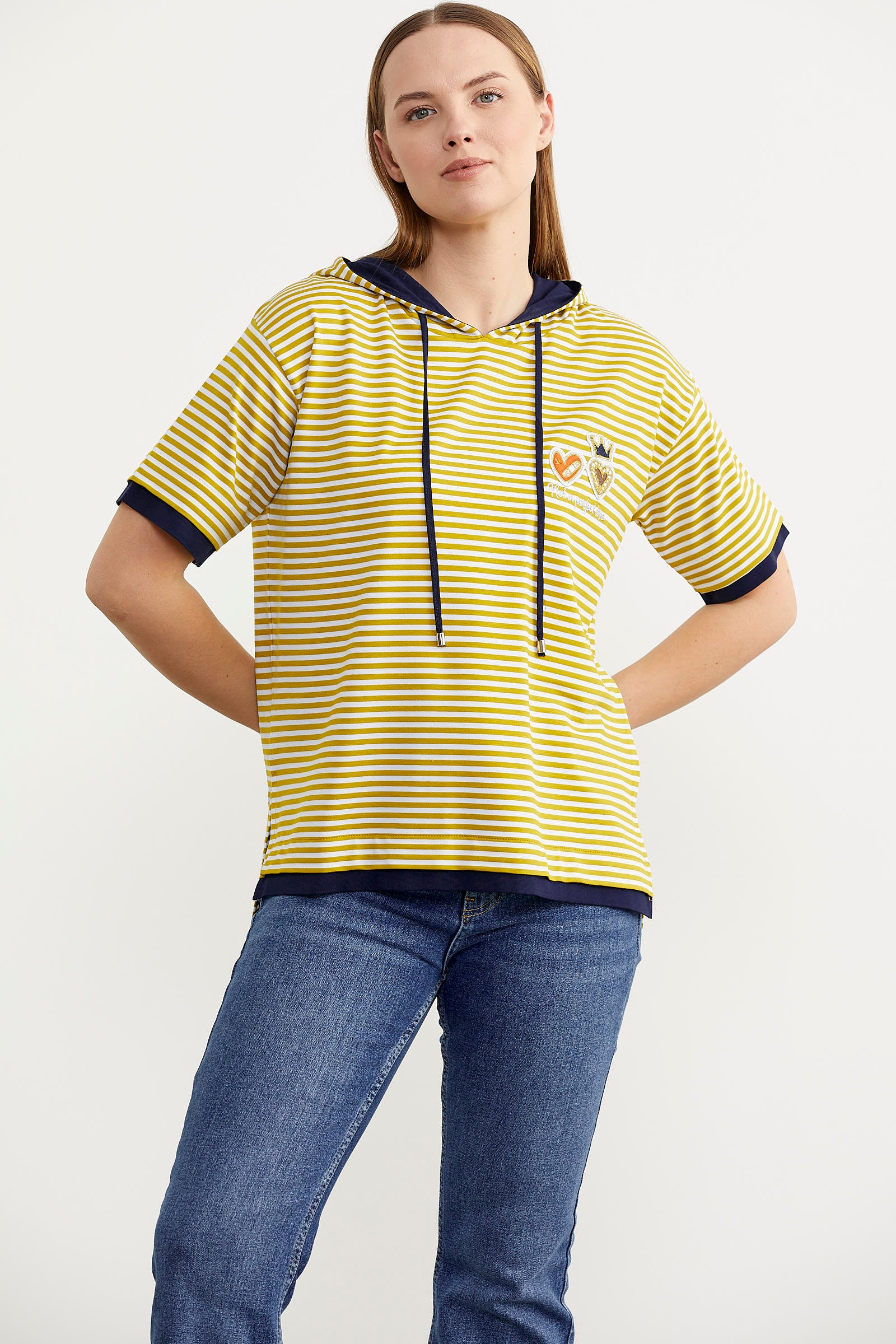 Kapüşonlu Renk Kombinli Çizgili Tişört - Hardal (4) Sementa