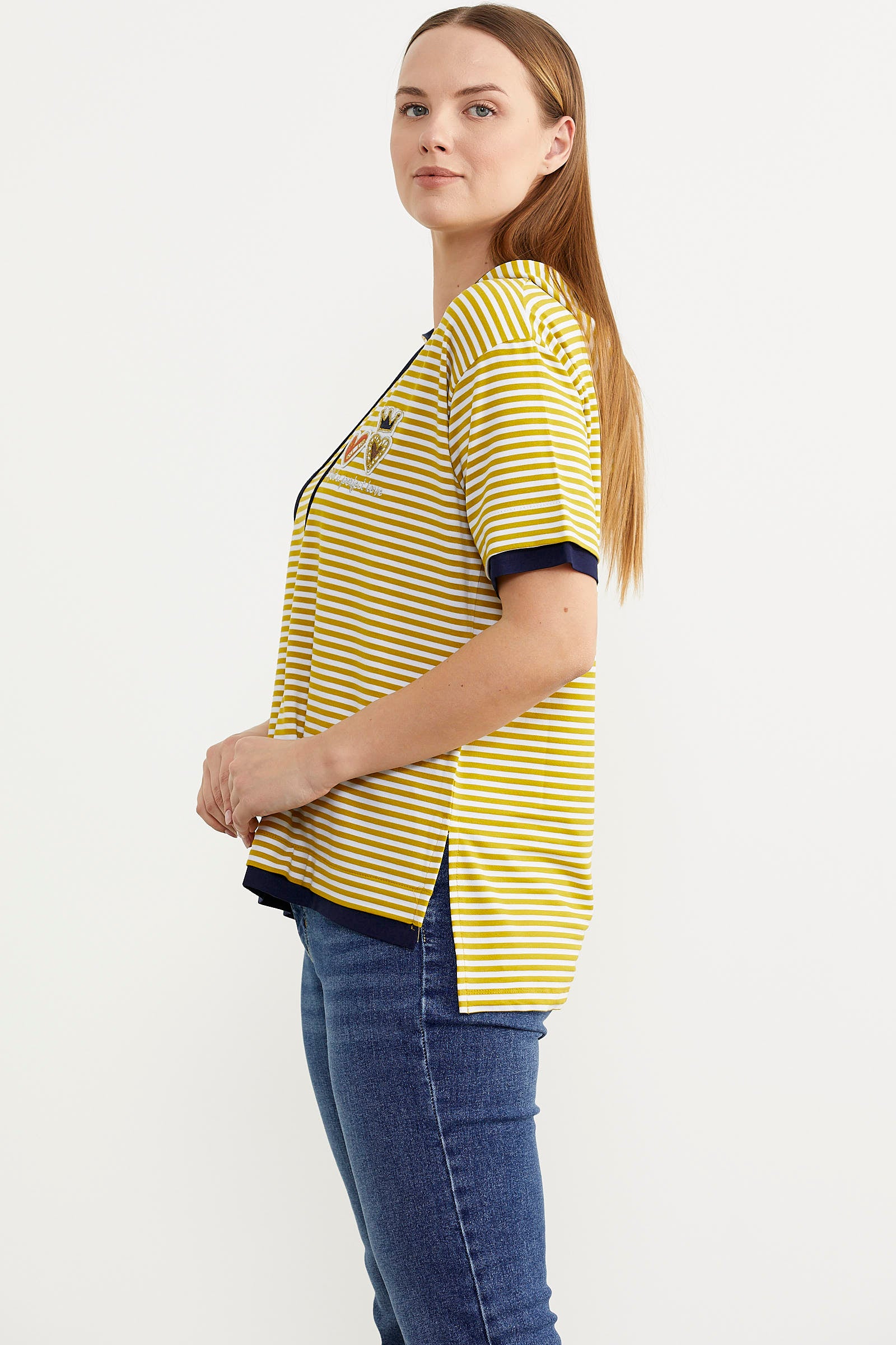 Kapüşonlu Renk Kombinli Çizgili Tişört - Hardal (5) Sementa