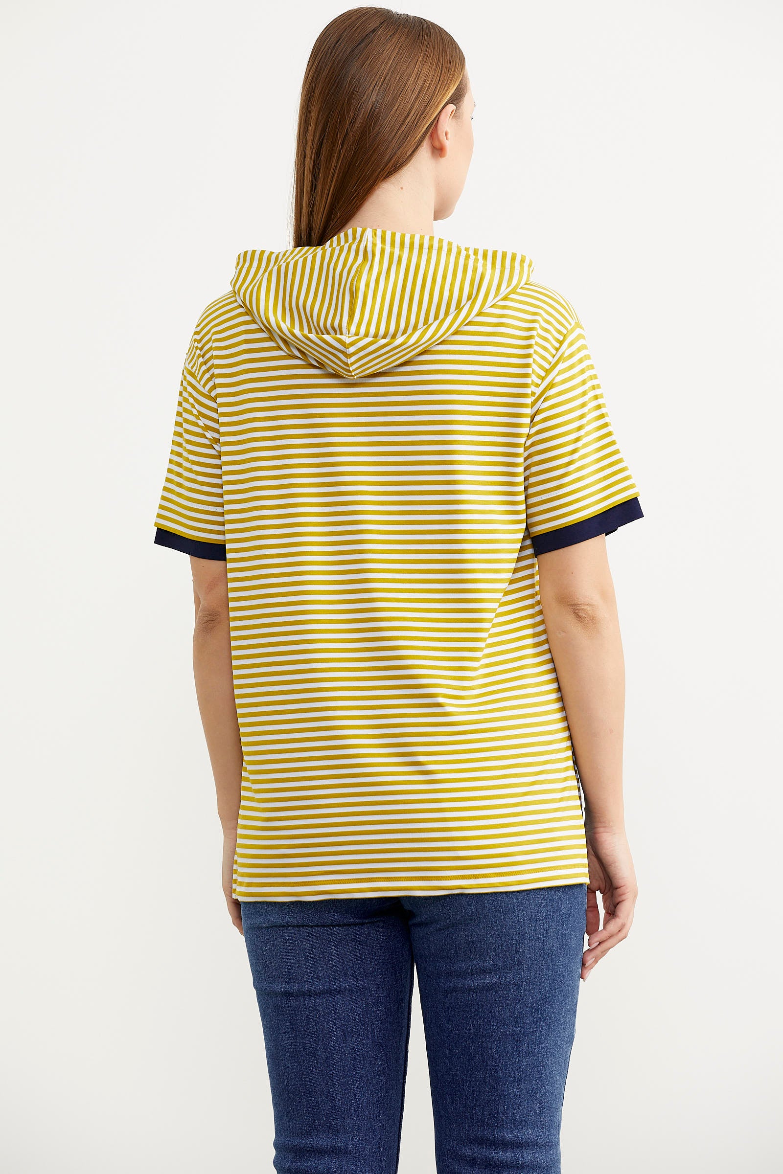 Kapüşonlu Renk Kombinli Çizgili Tişört - Hardal (6) Sementa