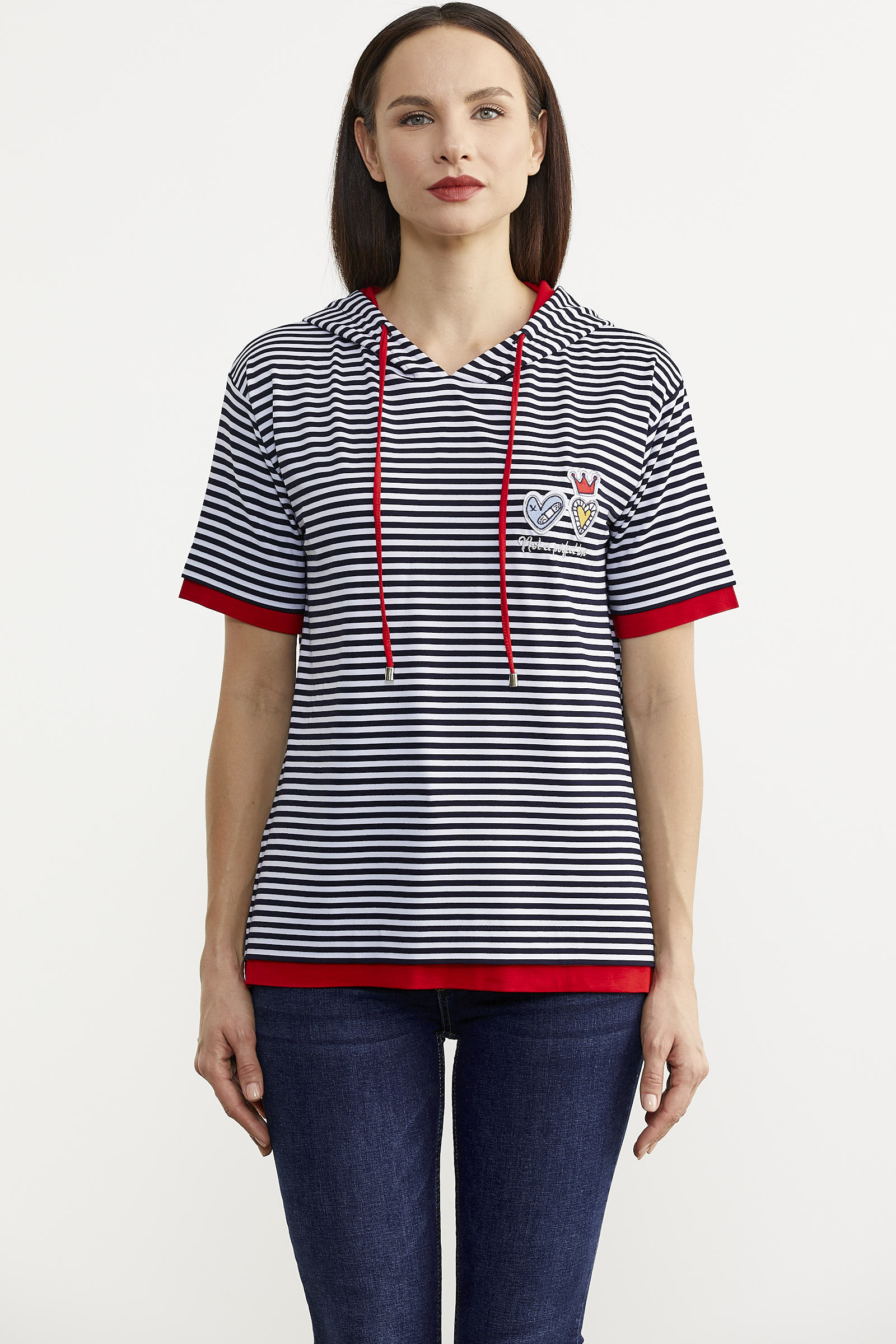 Kapüşonlu Renk Kombinli Çizgili Tişört - Lacivert (1) Sementa