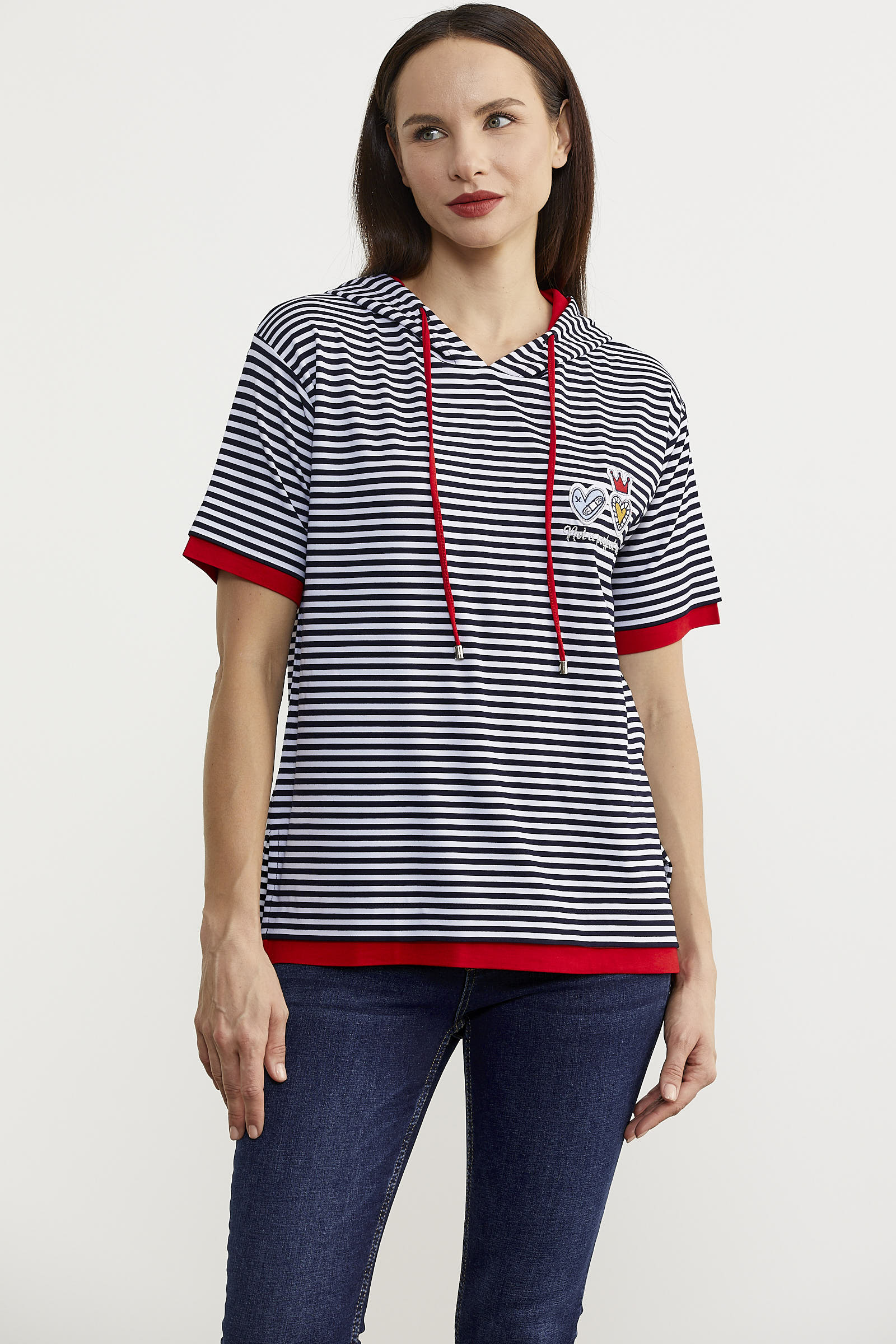 Kapüşonlu Renk Kombinli Çizgili Tişört - Lacivert (3) Sementa