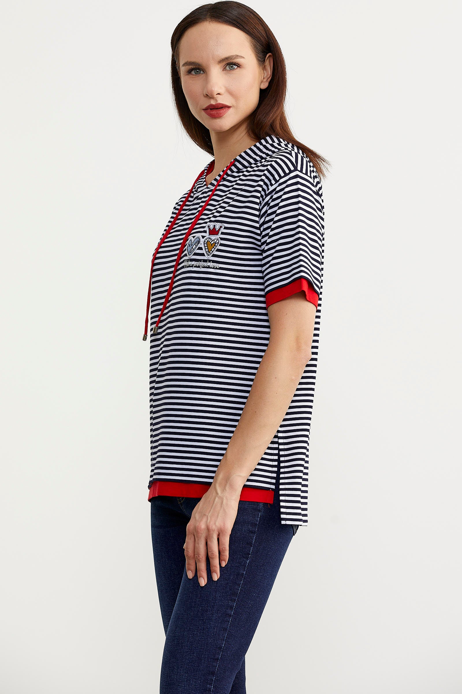 Kapüşonlu Renk Kombinli Çizgili Tişört - Lacivert (4) Sementa