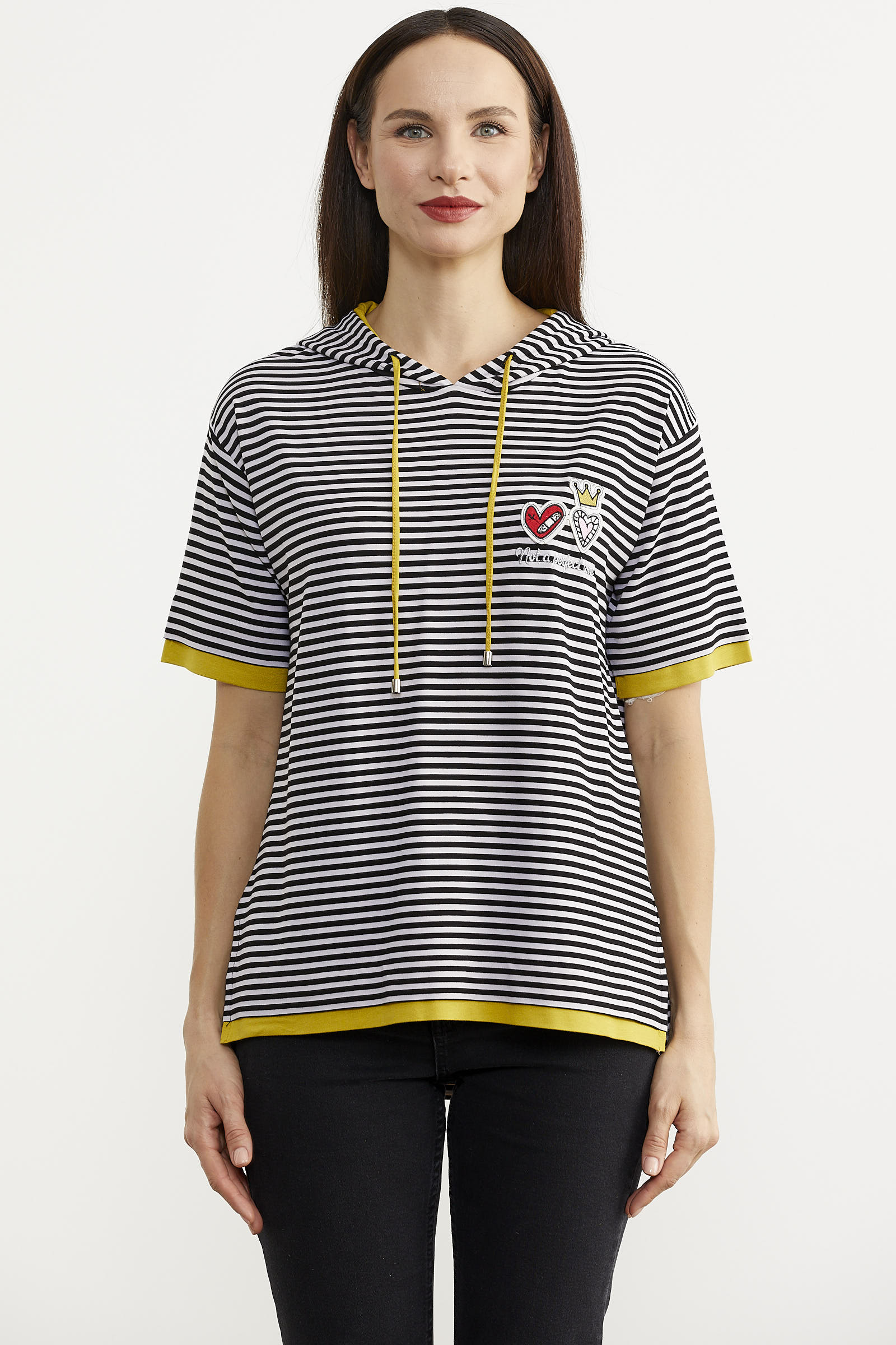 Kapüşonlu Renk Kombinli Çizgili Tişört - Siyah (1) Sementa