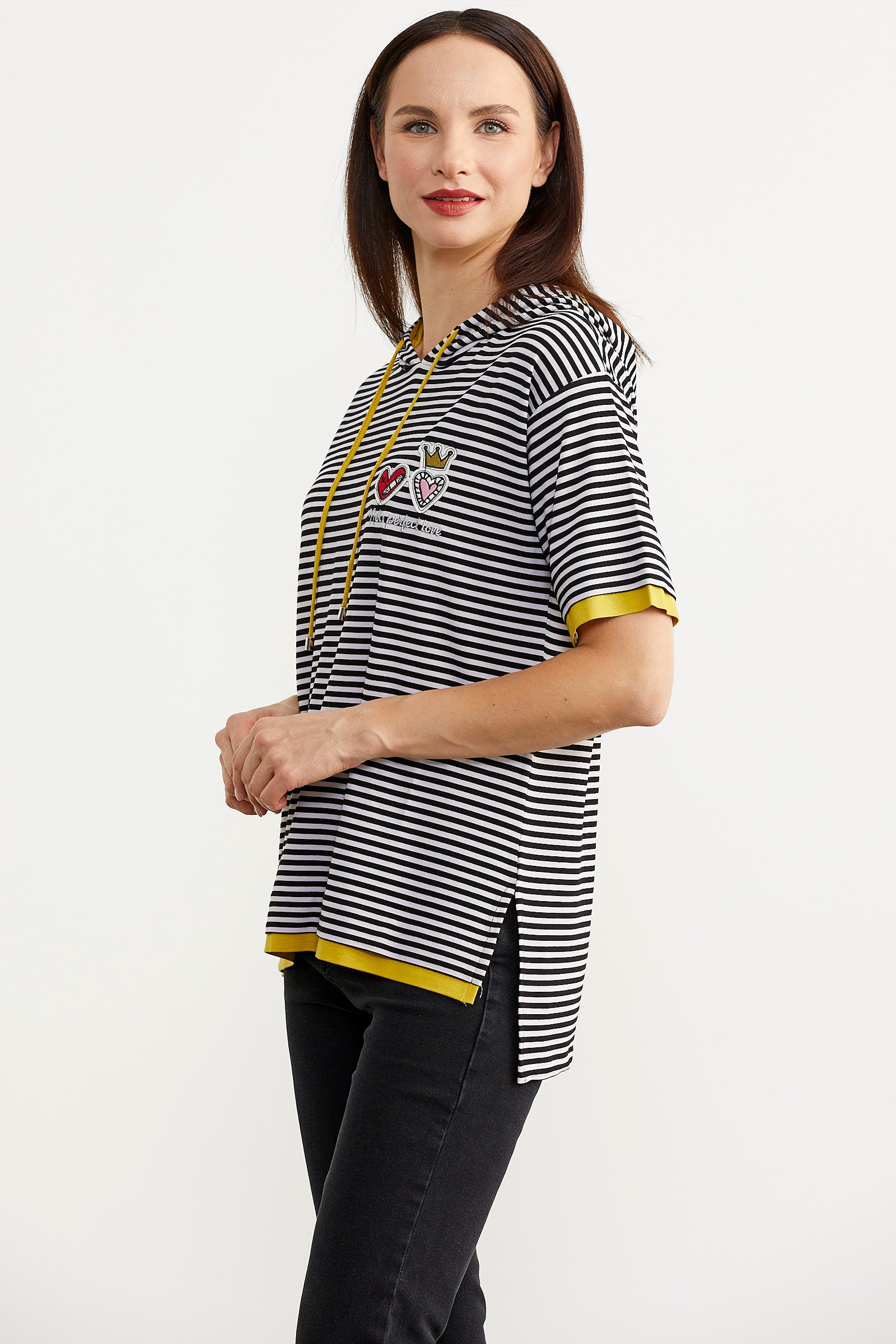 Kapüşonlu Renk Kombinli Çizgili Tişört - Siyah (4) Sementa