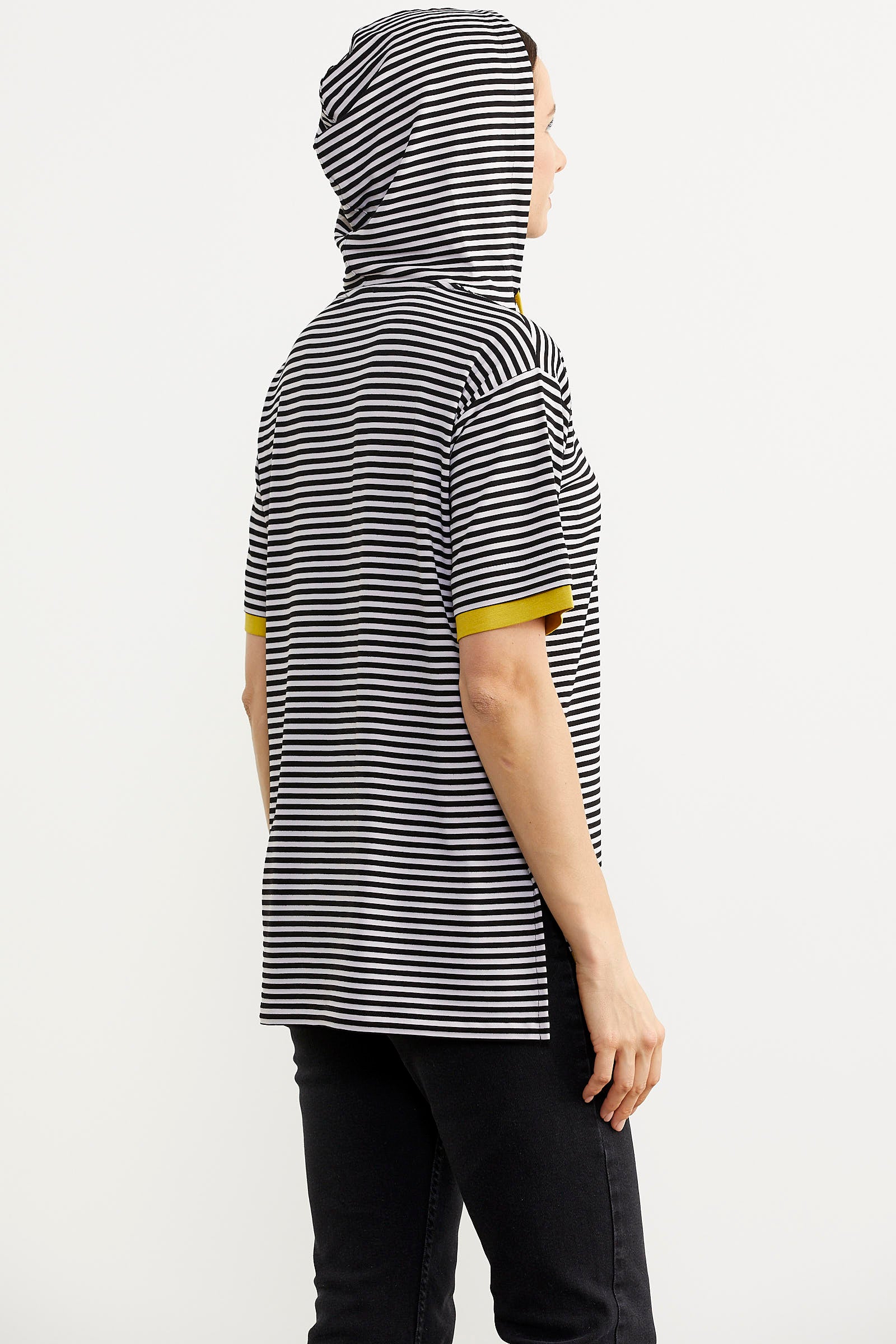 Kapüşonlu Renk Kombinli Çizgili Tişört - Siyah (5) Sementa