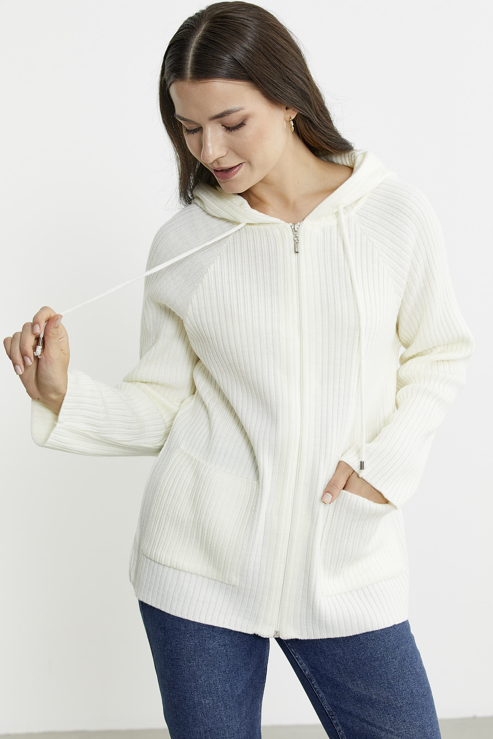 Kapüşonlu Tam Fermuarlı Yünlü Triko Hırka - Kemik - Sementa