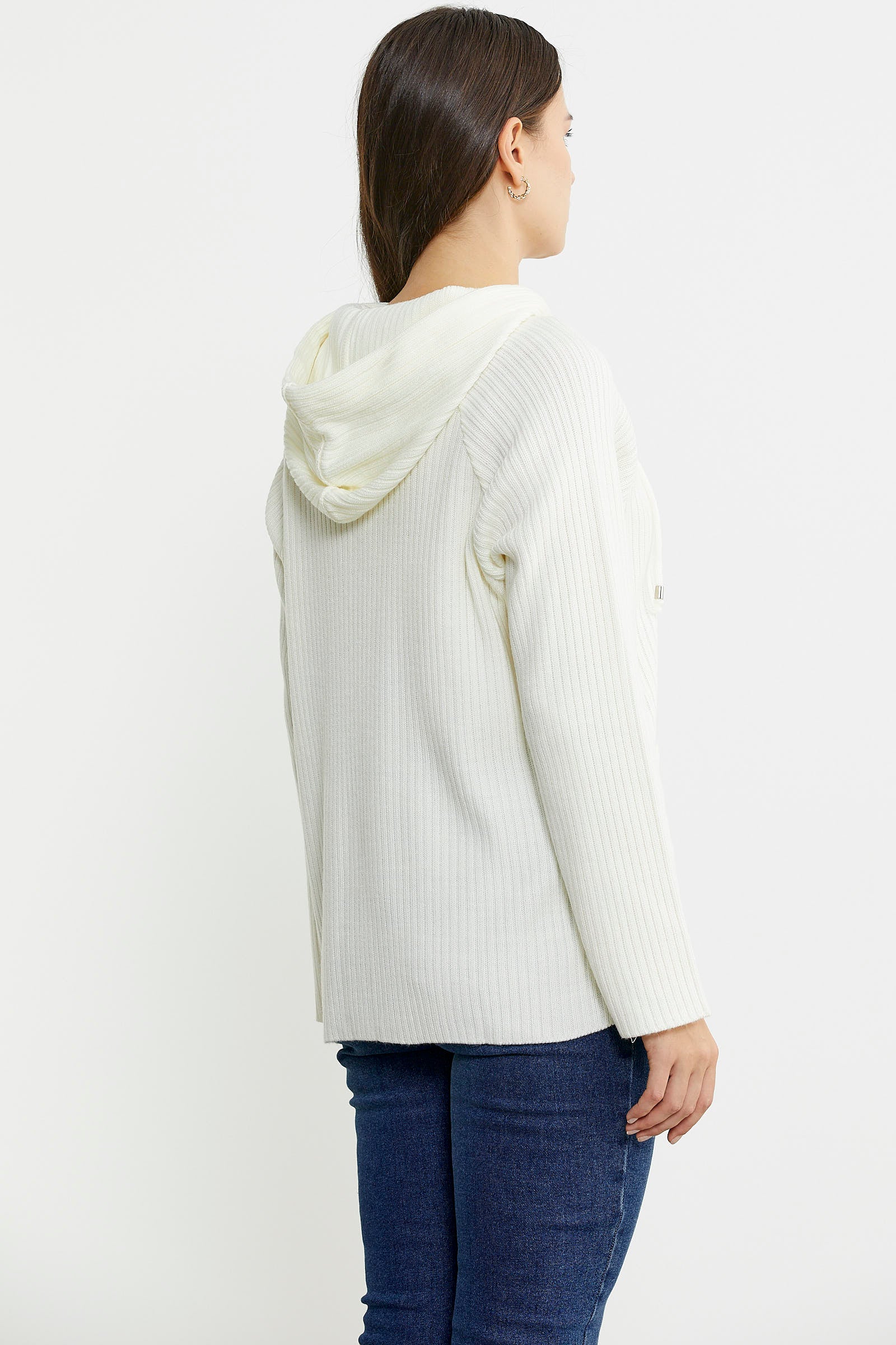 Kapüşonlu Tam Fermuarlı Yünlü Triko Hırka - Kemik - Sementa