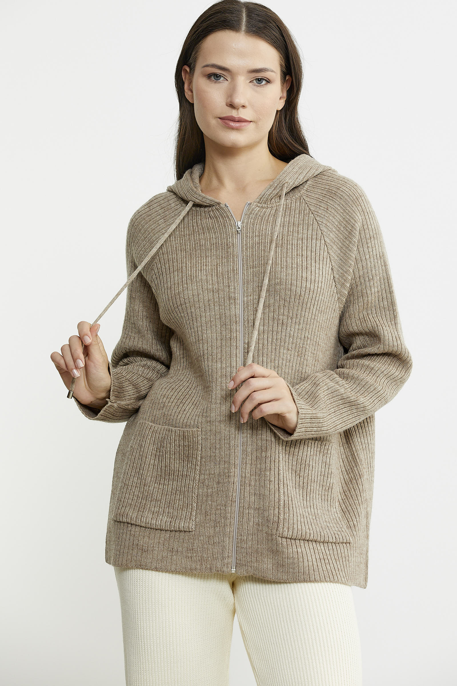 Kapüşonlu Tam Fermuarlı Yünlü Triko Hırka - Koyu Bej - Sementa