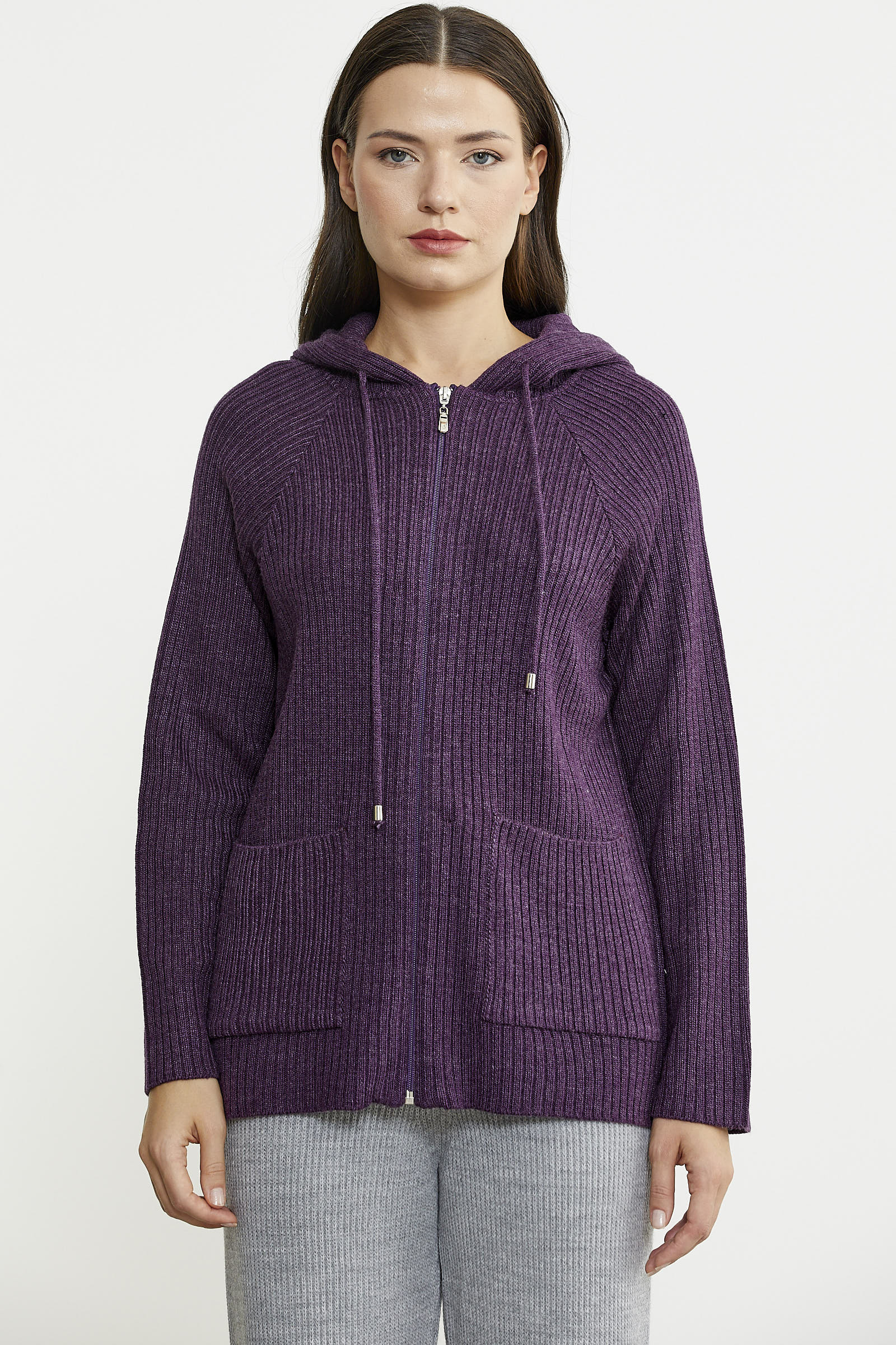 Kapüşonlu Tam Fermuarlı Yünlü Triko Hırka - Mor - Sementa