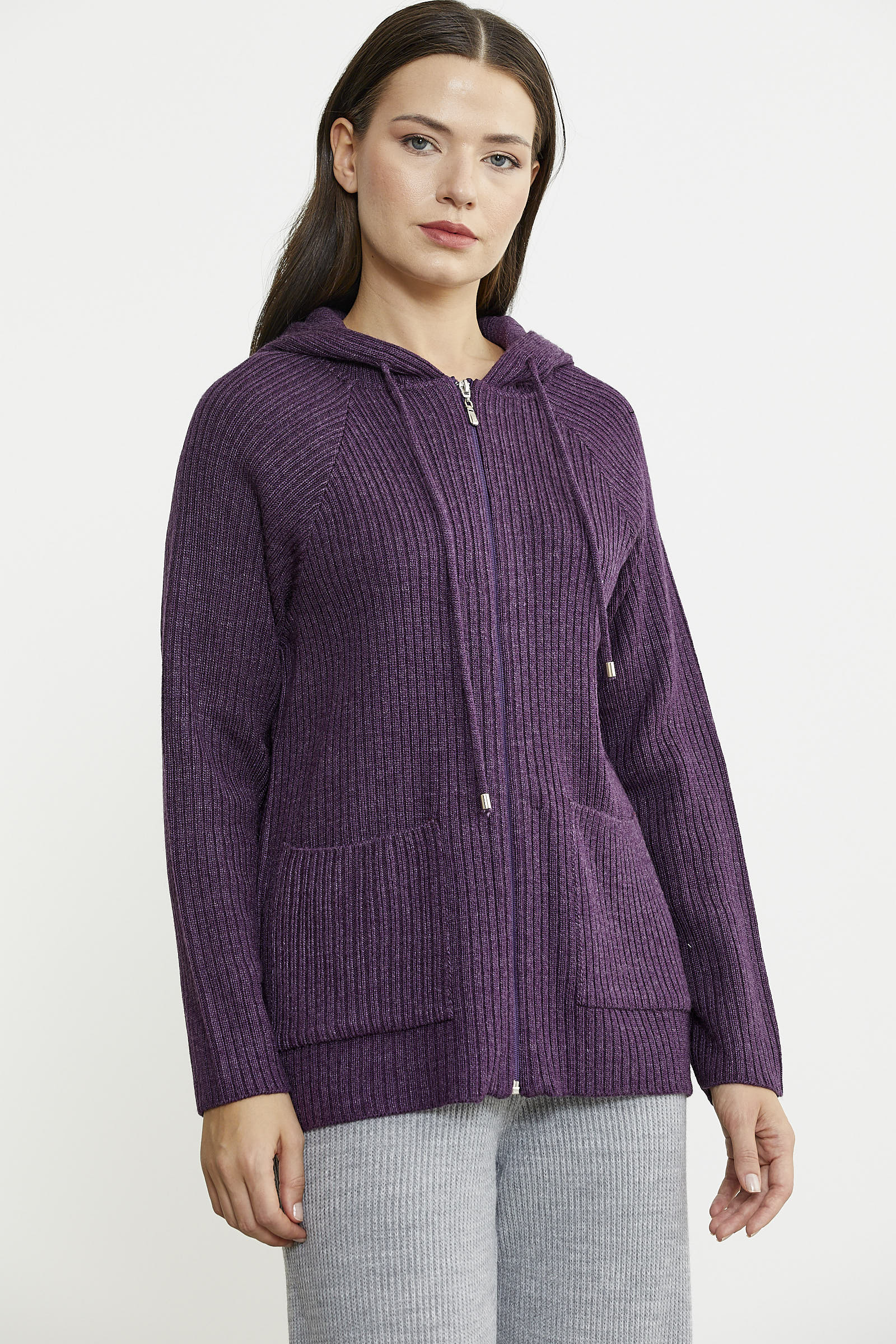 Kapüşonlu Tam Fermuarlı Yünlü Triko Hırka - Mor - Sementa