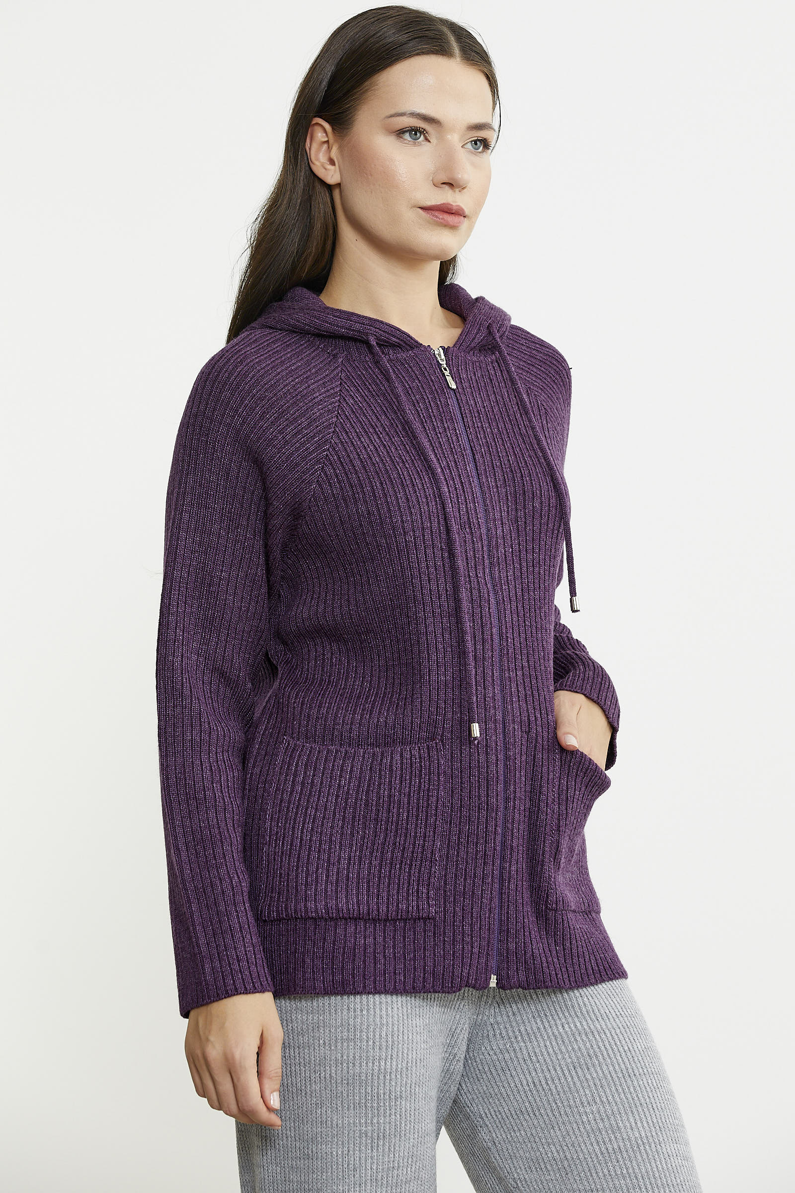 Kapüşonlu Tam Fermuarlı Yünlü Triko Hırka - Mor - Sementa
