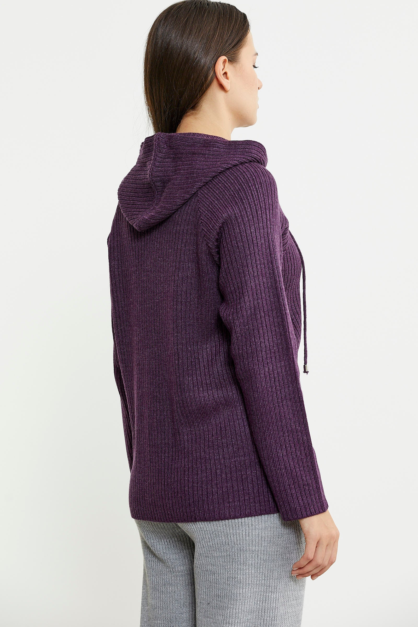 Kapüşonlu Tam Fermuarlı Yünlü Triko Hırka - Mor - Sementa
