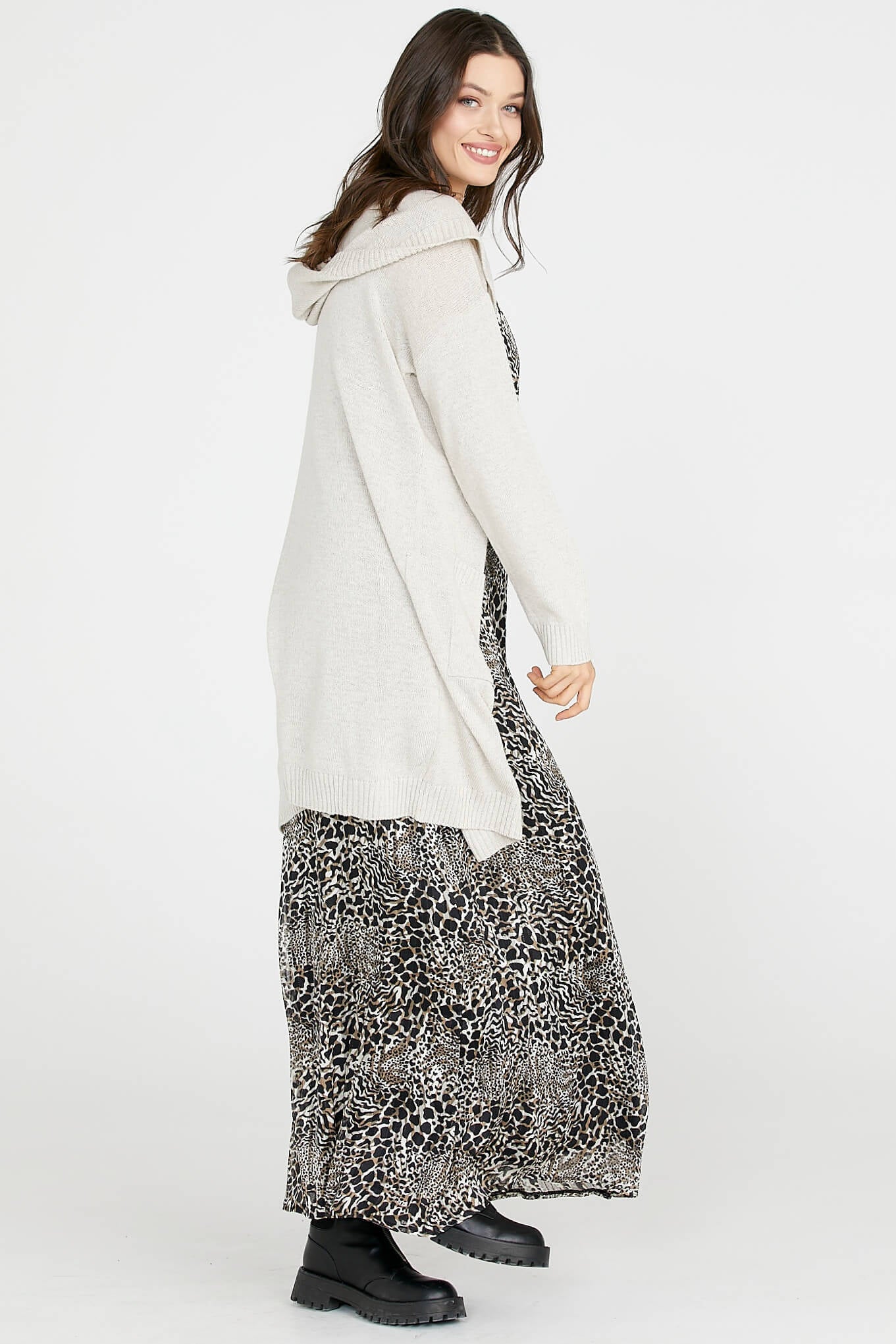 Kapüşonlu Uzun Triko Hırka - Açık Bej (4) Sementa